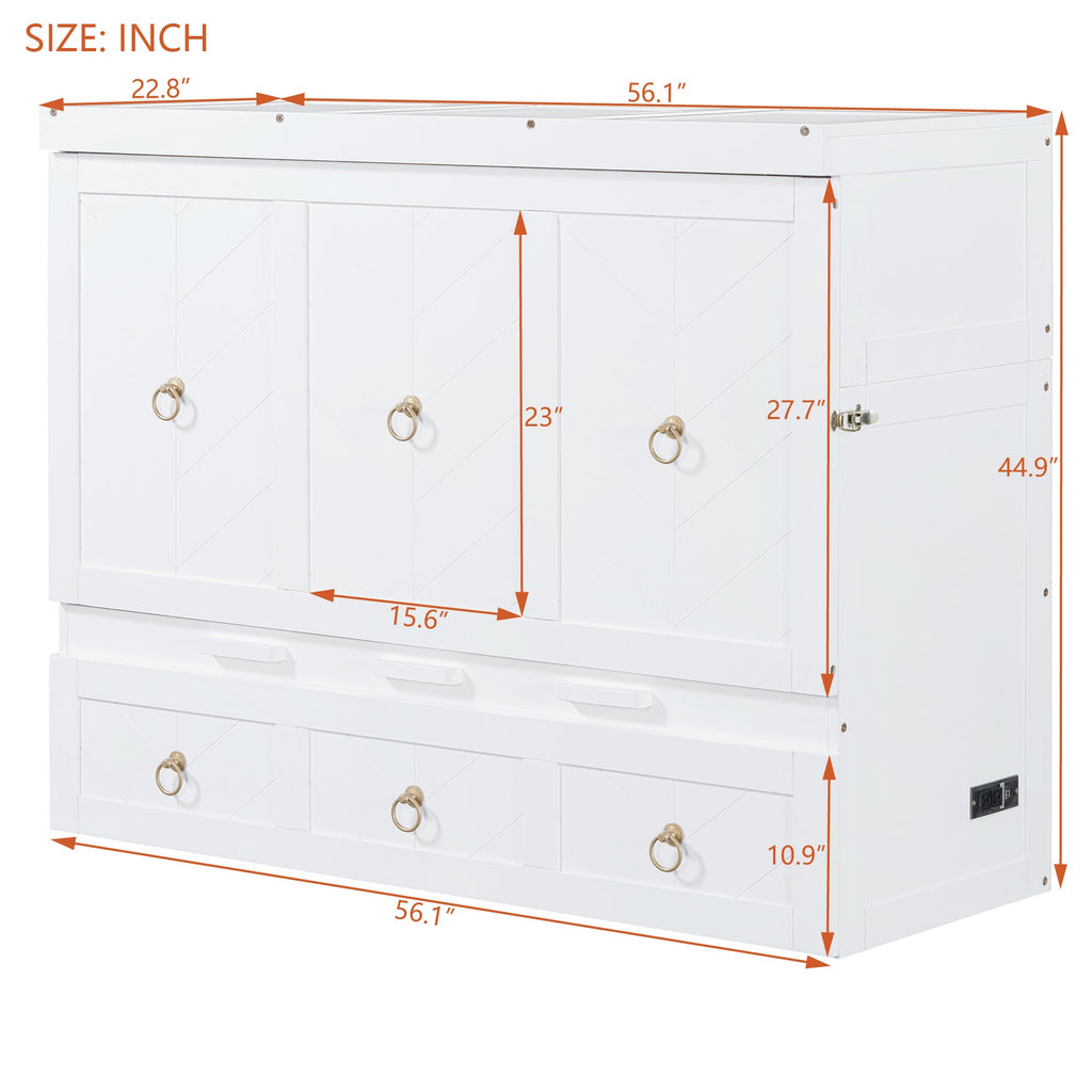 Full Size Murphy Bed with USB Port and a Large Drawer, White
