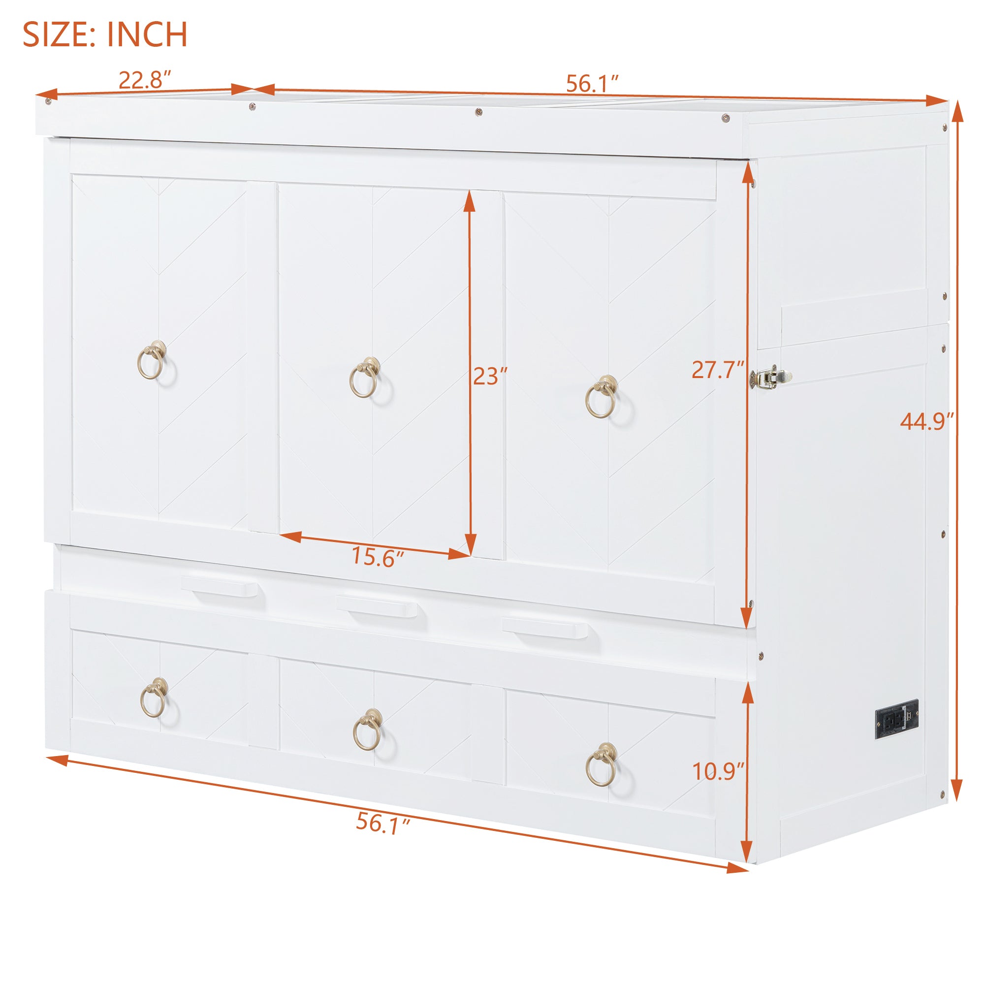 Full Size Murphy Bed with USB Port and a Large Drawer, White