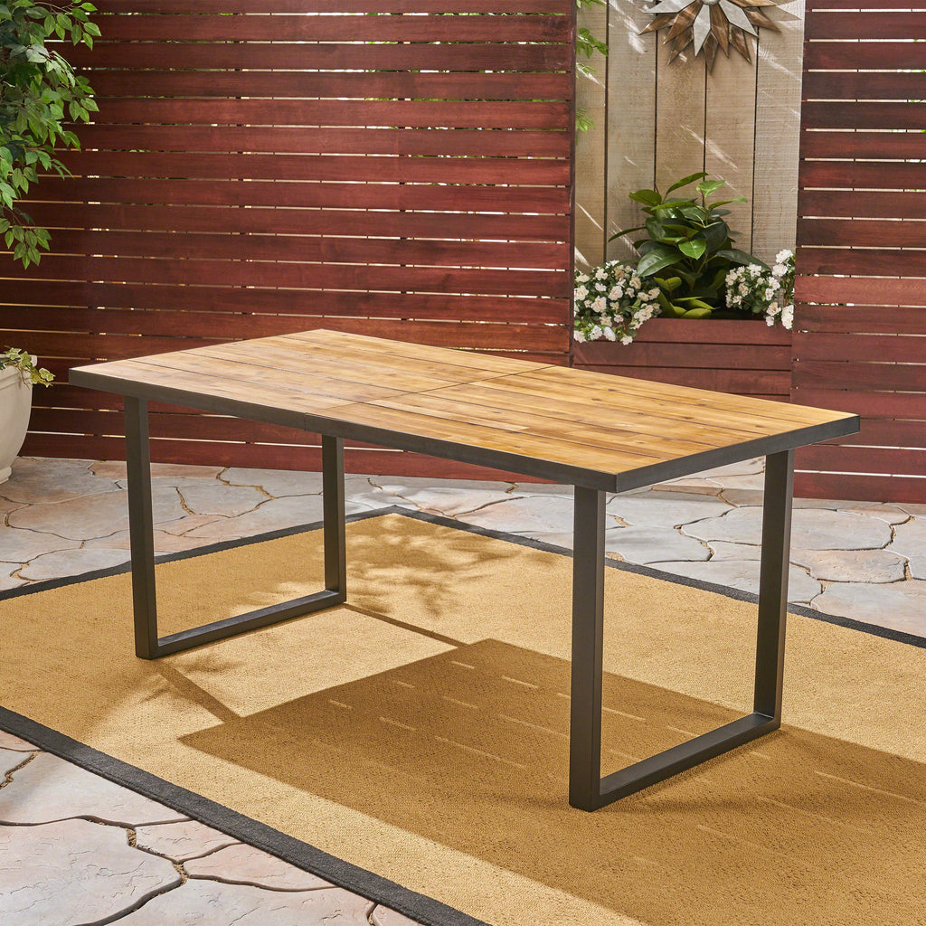 Outdoor Dining Table with U Shape Legs and Slat Top Table, Teak