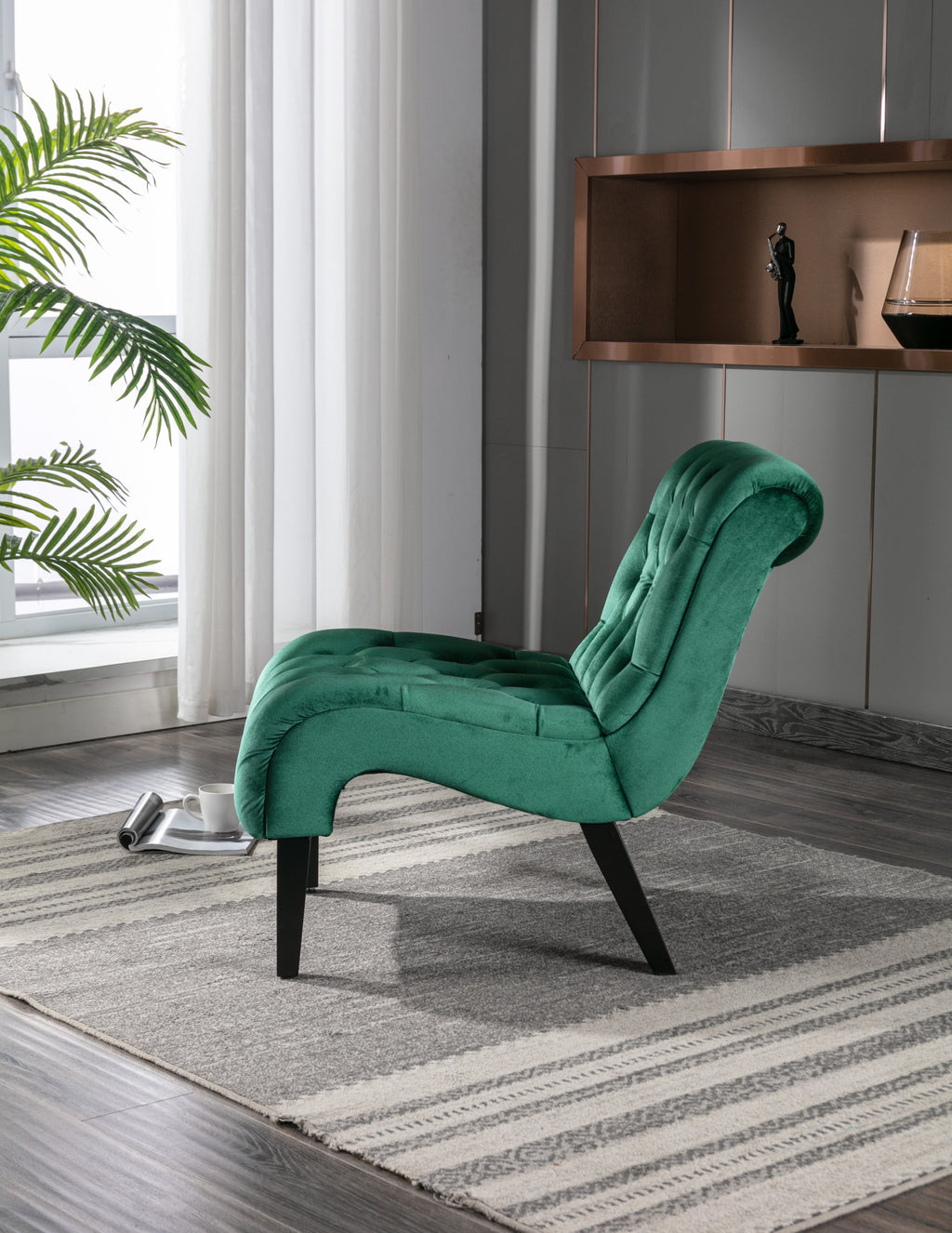 COOLMORE Modern Velvet Armless Accent Living Room Chair / Leisure Chair,Upholstered Fabric Button Comfortable Chair with Wooden Legs for Bedroom, Living Room, Office (Green Velvet)