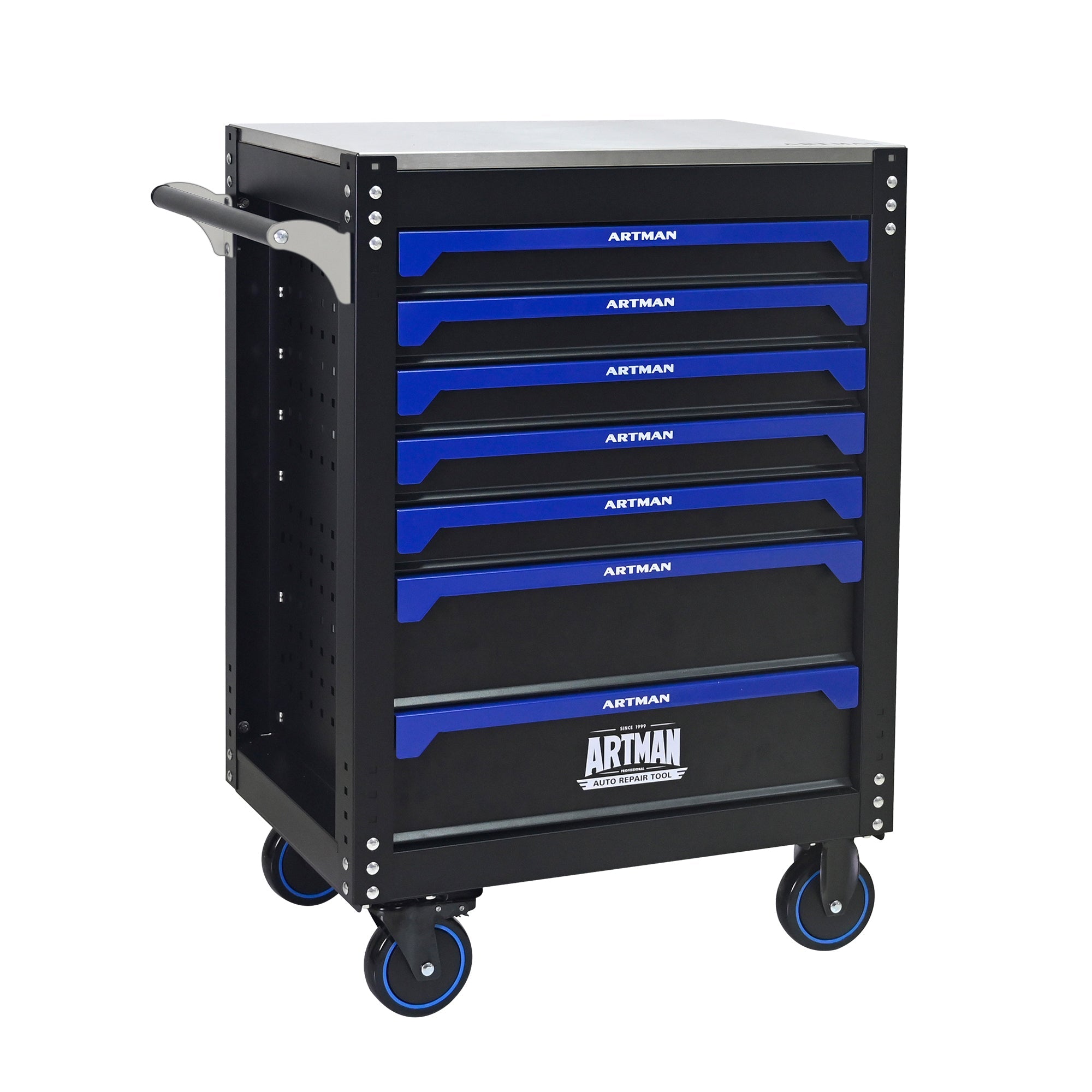 30-inch 7-drawer Iron-top Practical Rolling Steel Tool Cart, With Handle and Wheels, Storage Cabinet for Garages, Warehouses, Repair Shops, Requires Assembly of the the Tool Cart - Black & Blue