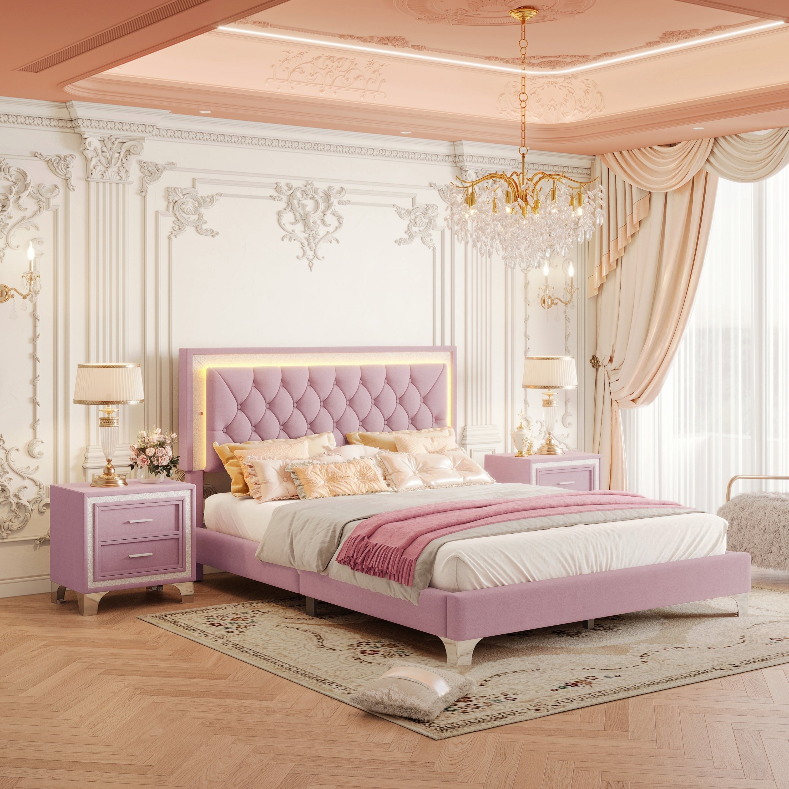 3-Pieces Bedroom Sets,Queen Size Upholstered Platform Bed with LED Lights and Two Nightstands-Pink