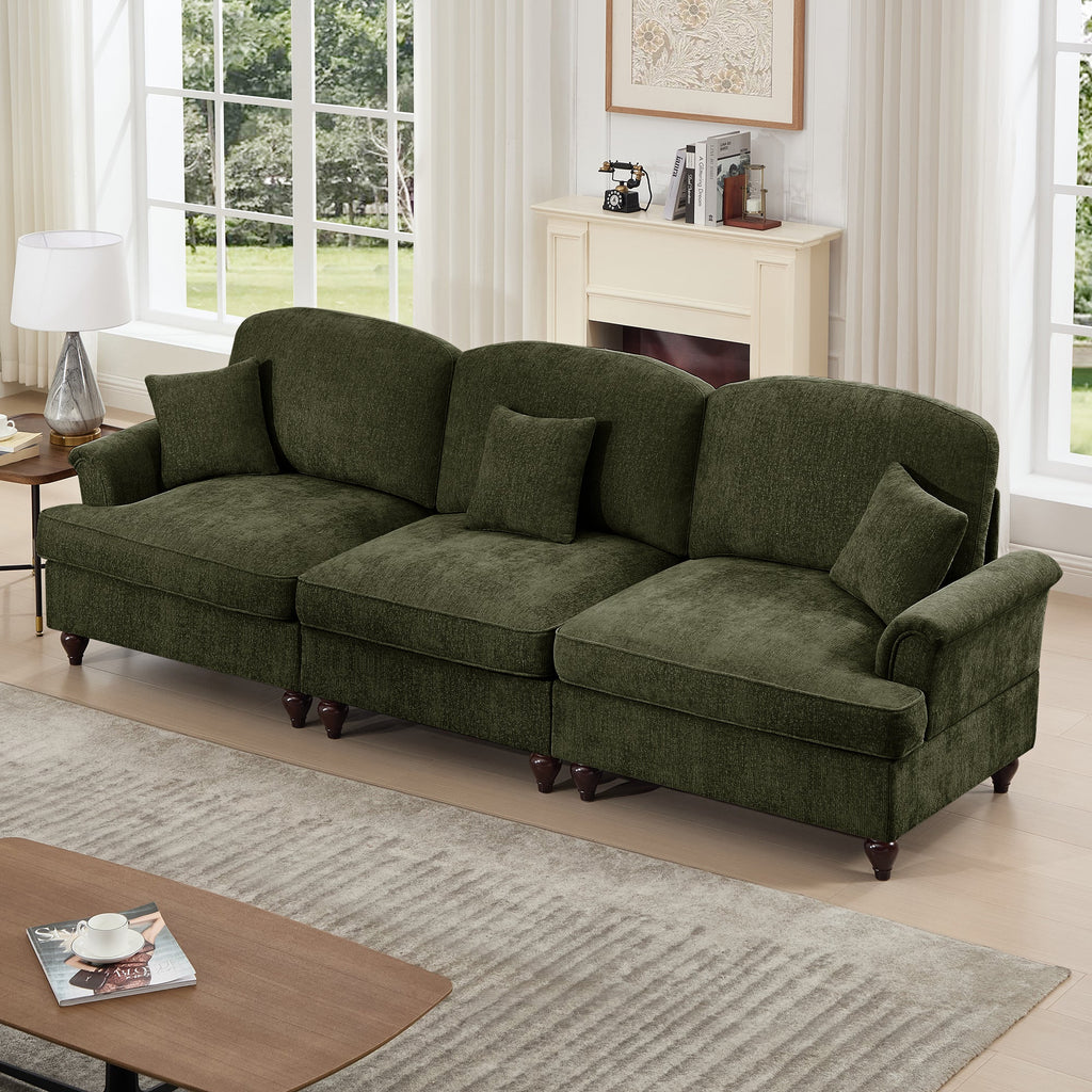 Elegant Mid Century Large 3 Seater Sofa Couch with Flared Arms and Removable Ruffles Pleats Skirts and Spindle Legs, Comfy Chenille Three-Seat Sofa for Living Room, Green
