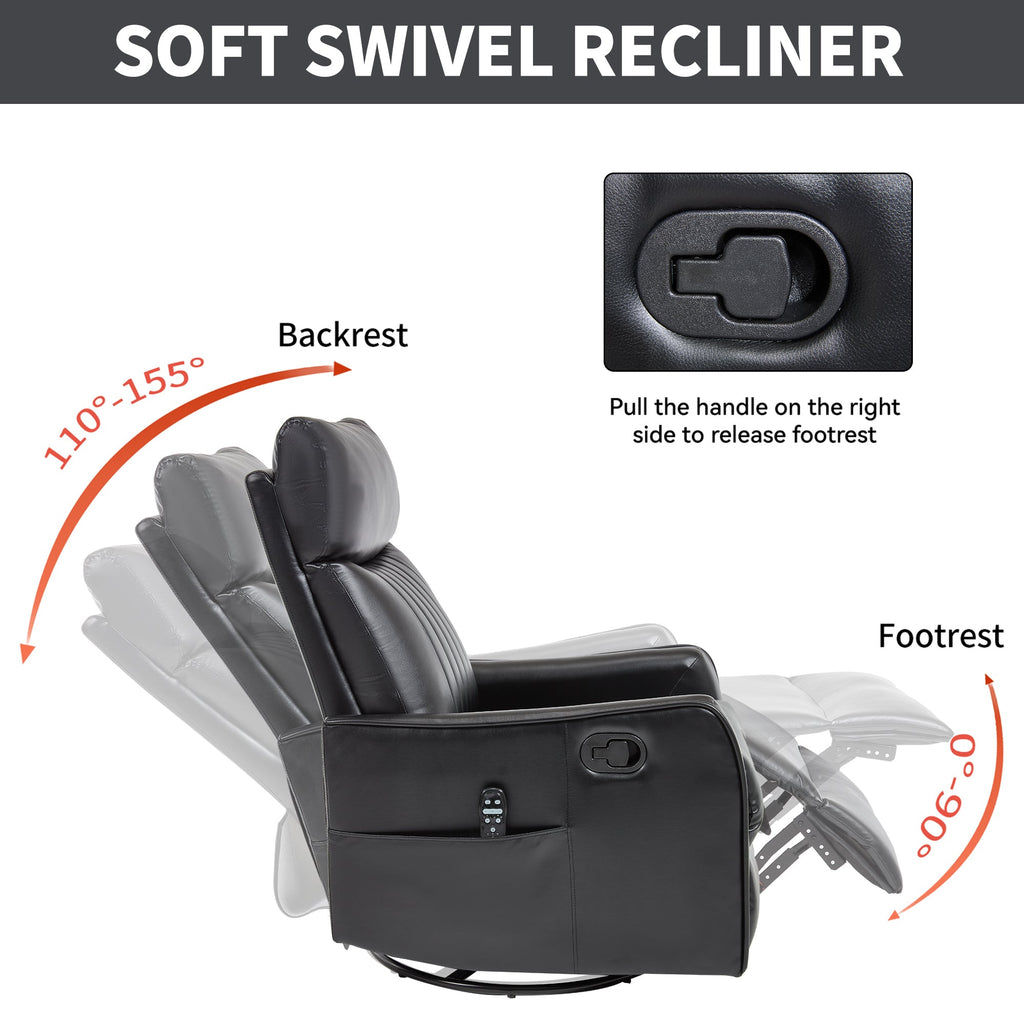 Black Faux Leather Heat Massage Manual Recliner Chair with Rocker and Swivel for Living Room