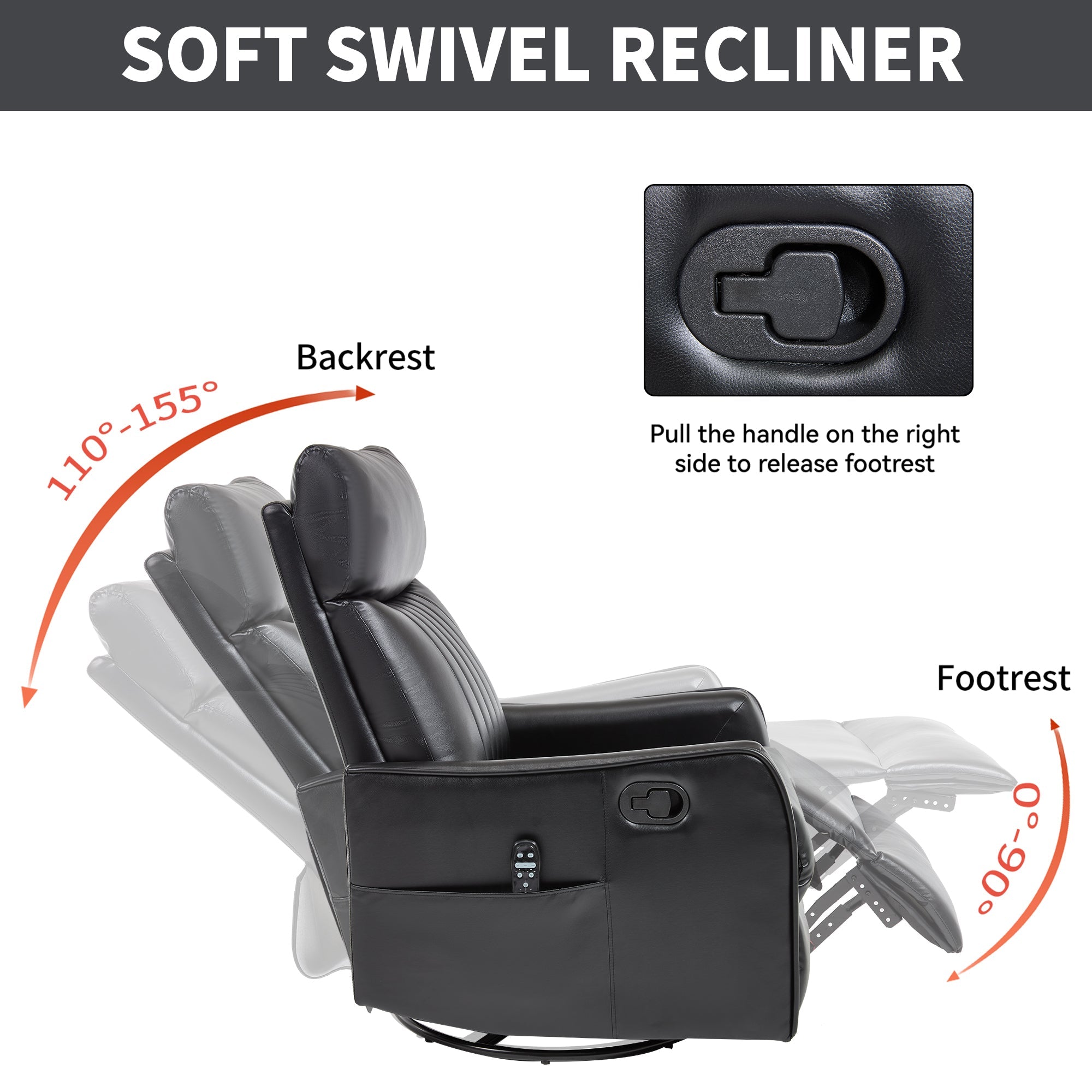 Black Faux Leather Heat Massage Manual Recliner Chair with Rocker and Swivel for Living Room