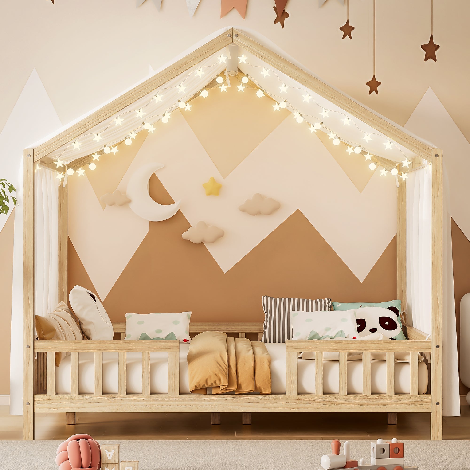 Montessori Floor Bed with Canopy, Full Bed Frame for Kids, House Shape Kids Bed Frame with High Railings, Wood Kids Bed with Roof, Kid Full Bed, Natural