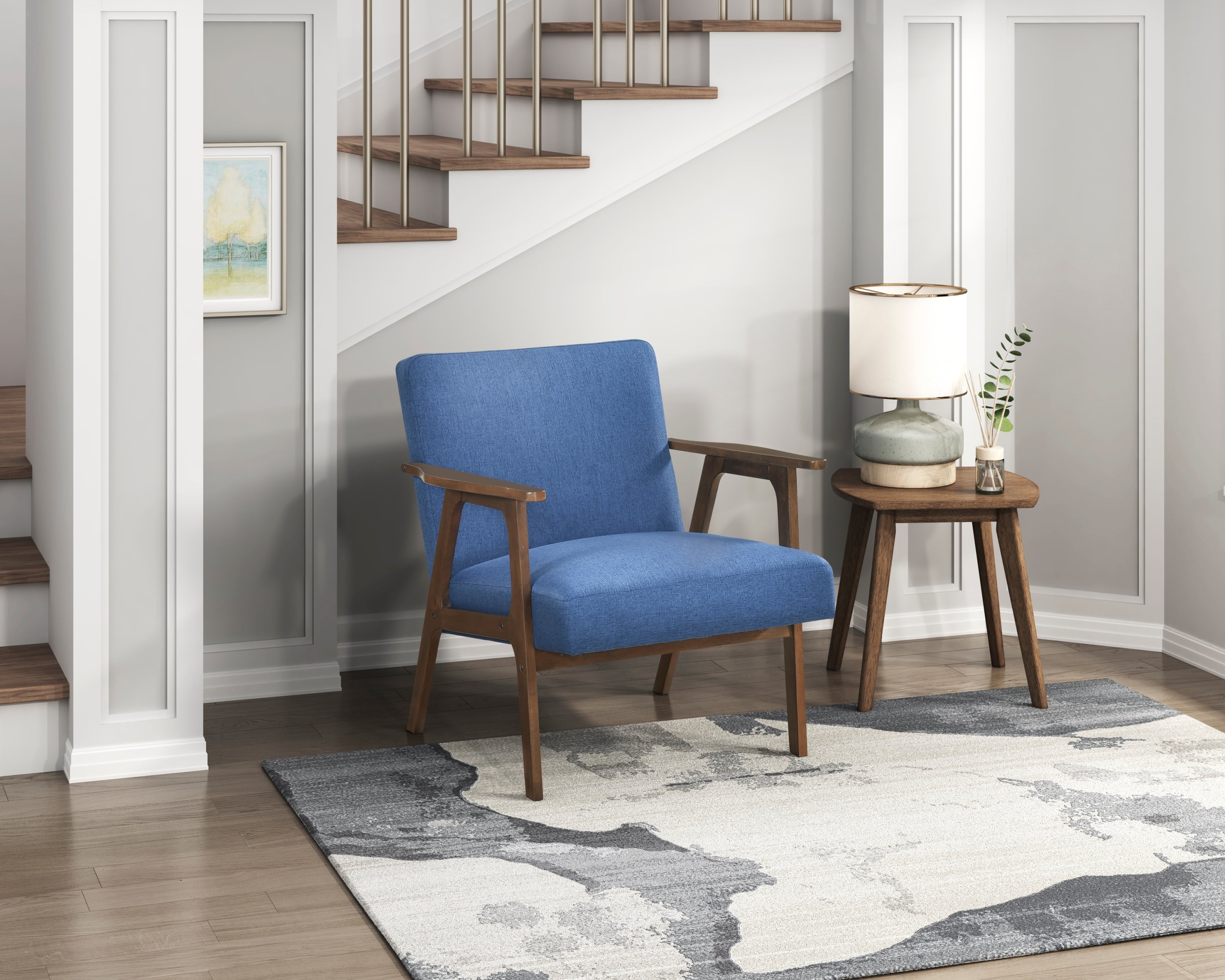 Modern Home Furniture Blue Fabric Upholstery 1pc Accent Chair Brown Finish Solid Rubberwood Contemporary Cushion Seat