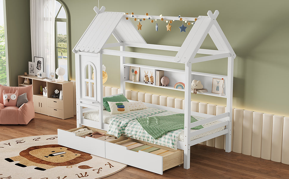 Twin house Beds with Storage Drawers and Window, Solid Wood House Platform Bed Frame with shelves, for Kids, Girls, Boys, No Spring Box Needed and Childlike Design, White