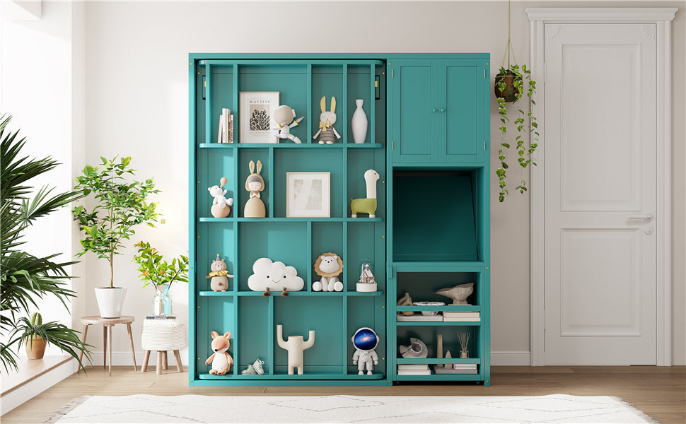 Twin Size Rotating Wall Murphy Beds with Bookshelf, Top Cabinet, Extendable Desk & Side Storage, Teal