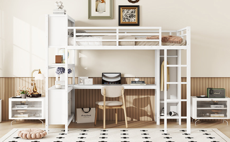 Metal Loft Bed with Wardrobe And L-shaped Desk, Full Size Loft Bed with Storage Cubes and Shelves, Heavy Duty Loft Bed for Kids Teens Adults, White