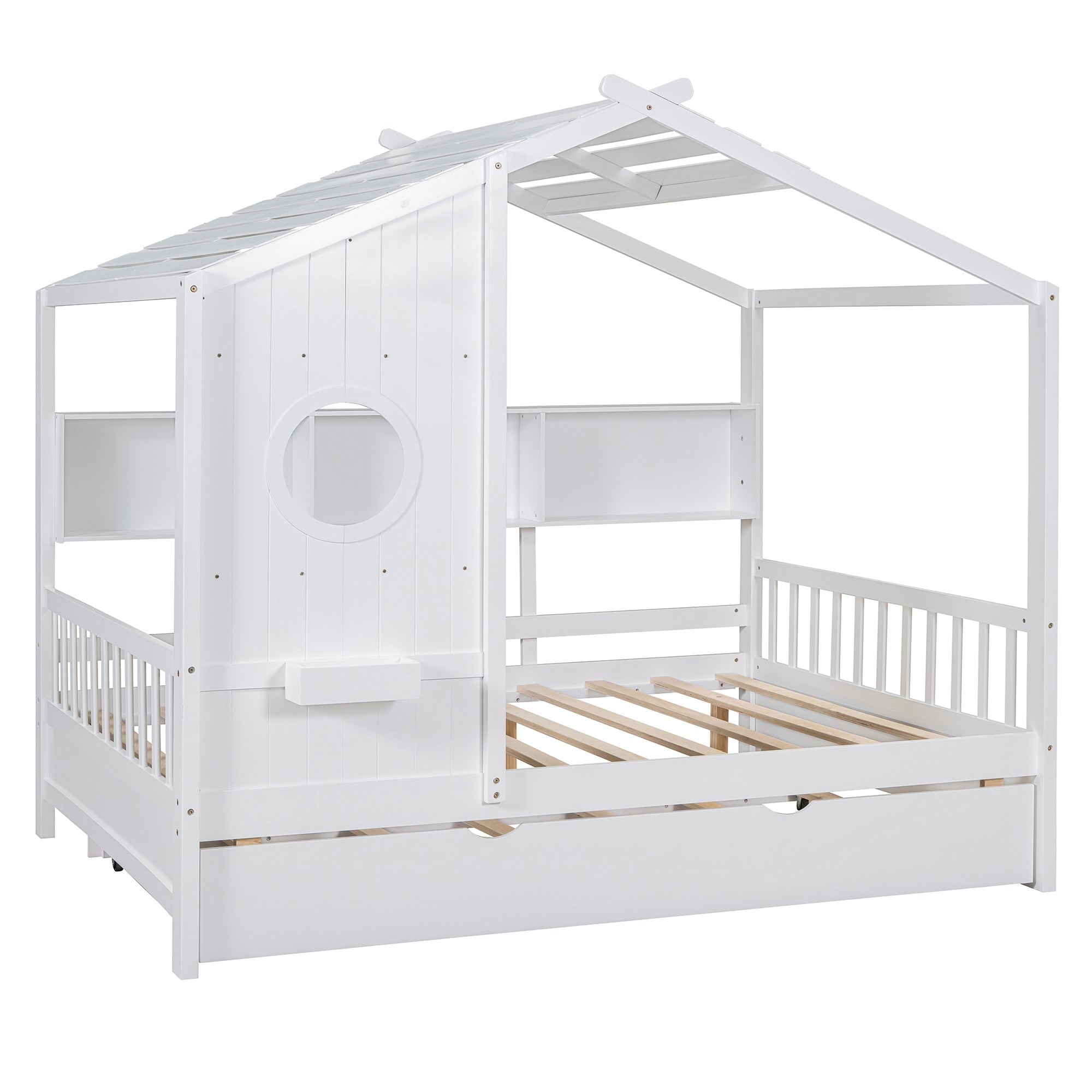 Wooden Full Size House Bed With Trundle, Modern Design for Kids with Storage Shlef, White(old SKU HL000095AAW)