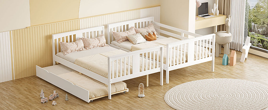 Full over Full Bunk Bed with Twin Size Trundle and Ladder-White(Old SKU: LT000204AAK)