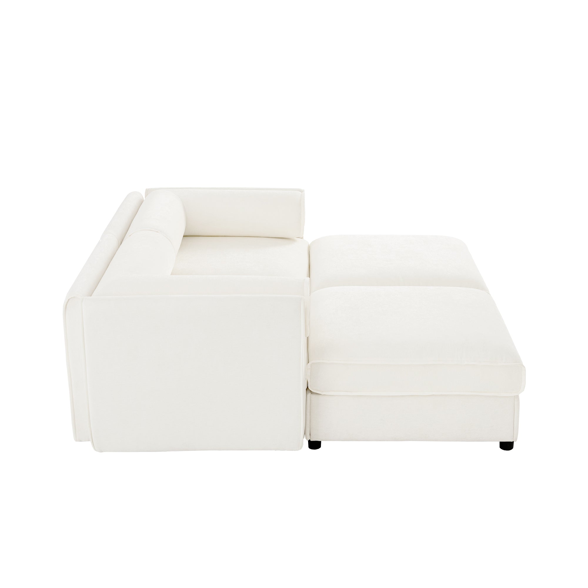 Stylish White Chenille 2-Seater Sofa with 2 Ottoman Storage Seat, Cylindrical Backrest and Armrests, Modern Fabric Loveseat Featuring Hidden Storage Space