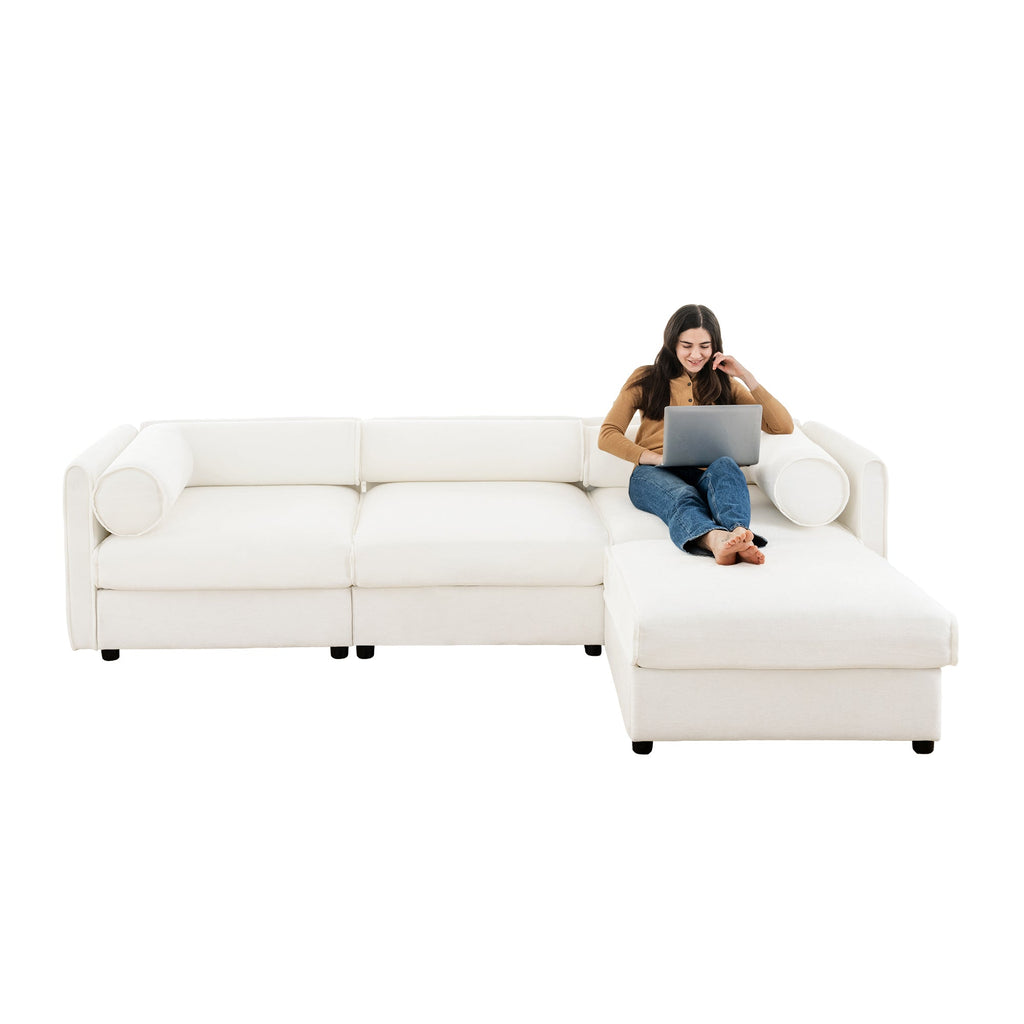 Elegant White Chenille  Sofa with Storage Seat and Ottoman, L-Shaped 3-Seater Cylindrical Backrest and Armrests, Contemporary 3-Seater Fabric Couch with Hidden Storage Compartment