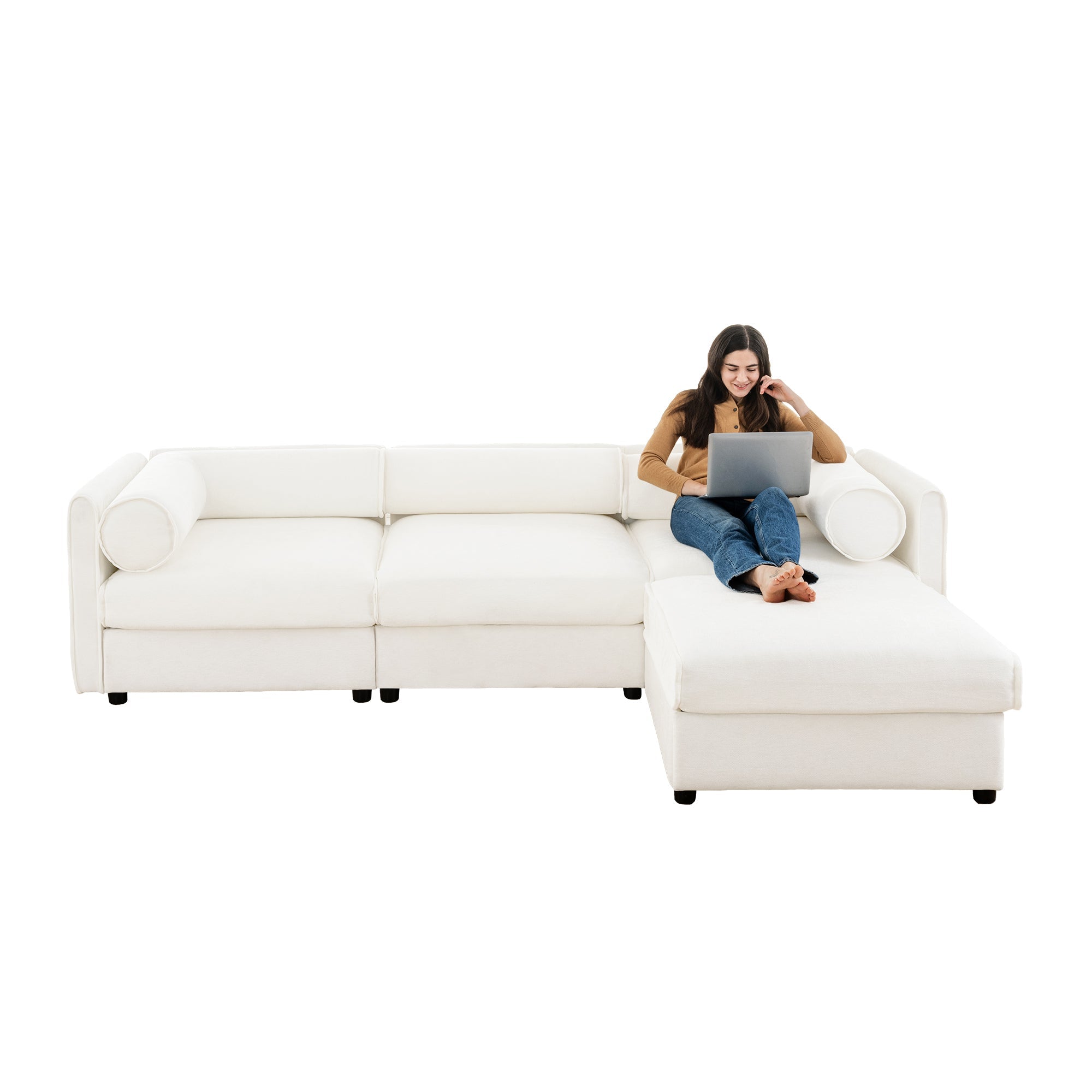 Elegant White Chenille  Sofa with Storage Seat and Ottoman, L-Shaped 3-Seater Cylindrical Backrest and Armrests, Contemporary 3-Seater Fabric Couch with Hidden Storage Compartment