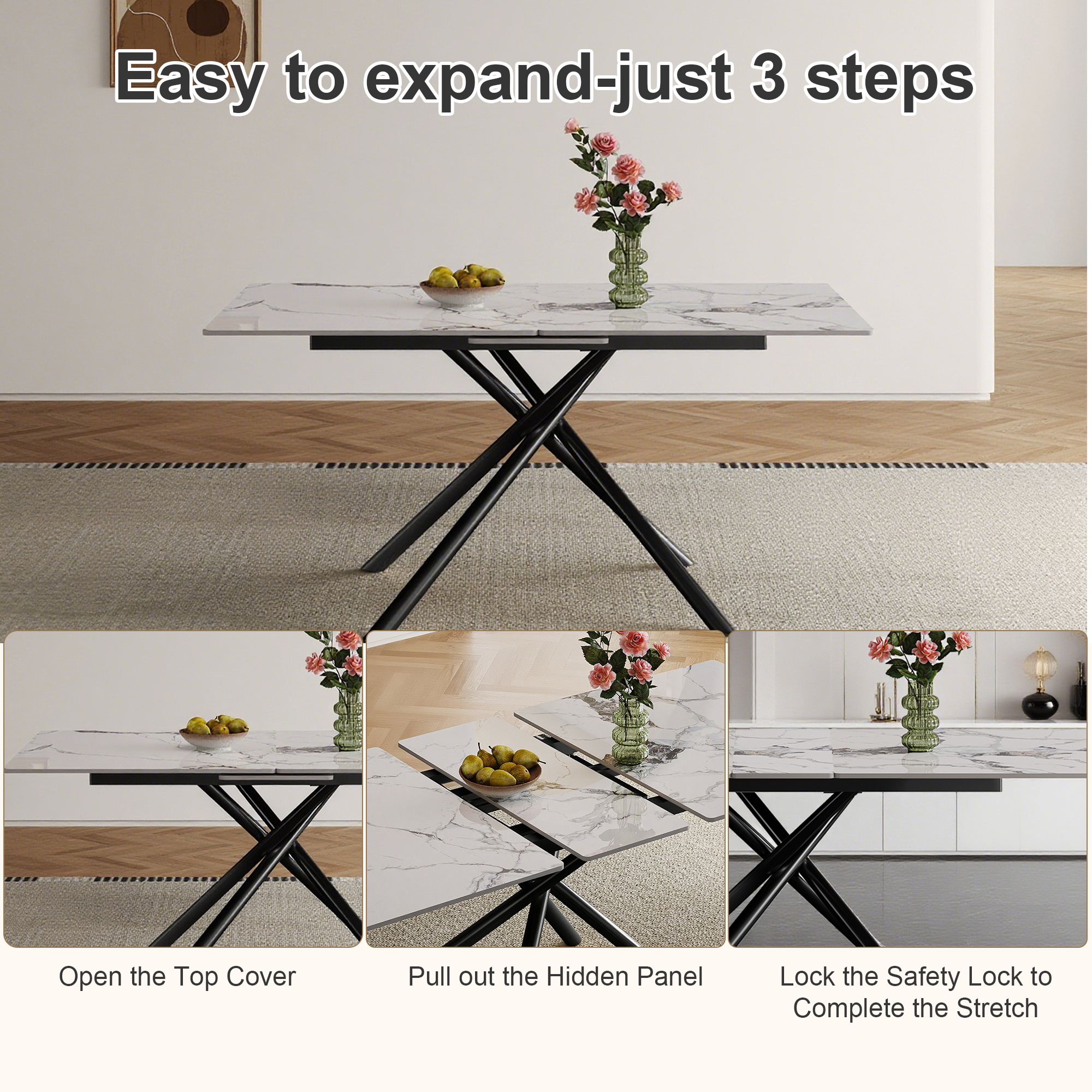 59-inch Modern rectangle Expandable Dining Table with Retractable Leaf, Sintered Stone Top & Black Carbon Steel X-Base, Sturdy 4-6 Person Table for Small Apartments, Kitchen, Dining Room
