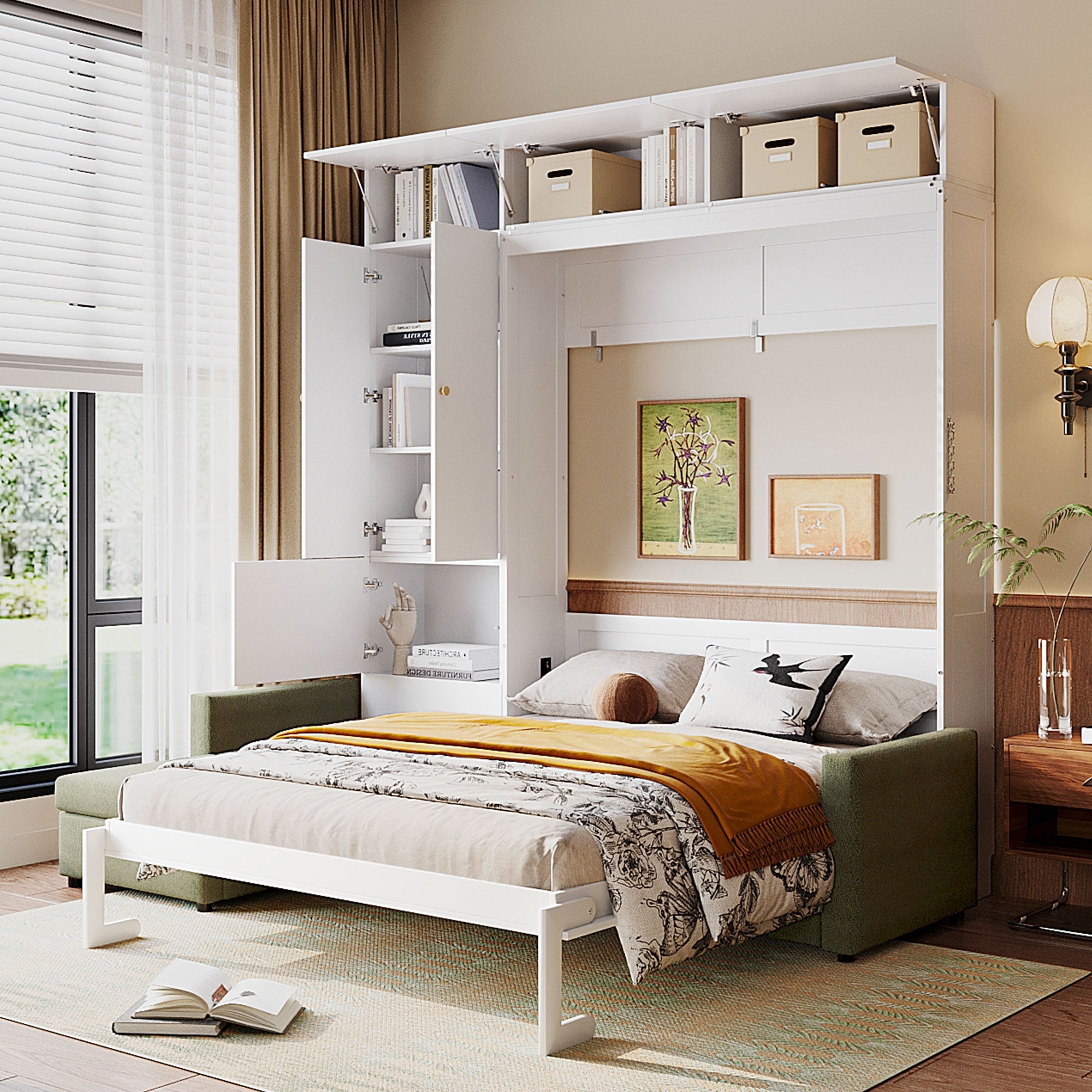 Queen Size Murphy Bed Wall Bed with Sofa and Shelves,White Panel, Green Sofa
