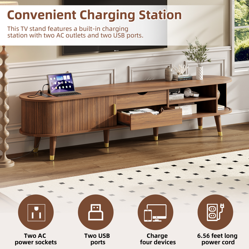 Wooden Oval Fluted TV Stand with Charging Station for TV up to 80', Mid-Century Media Console with Sliding Tambour Door, Farmhouse TV Cabinet with Golden Handle for Living Room, Walnut