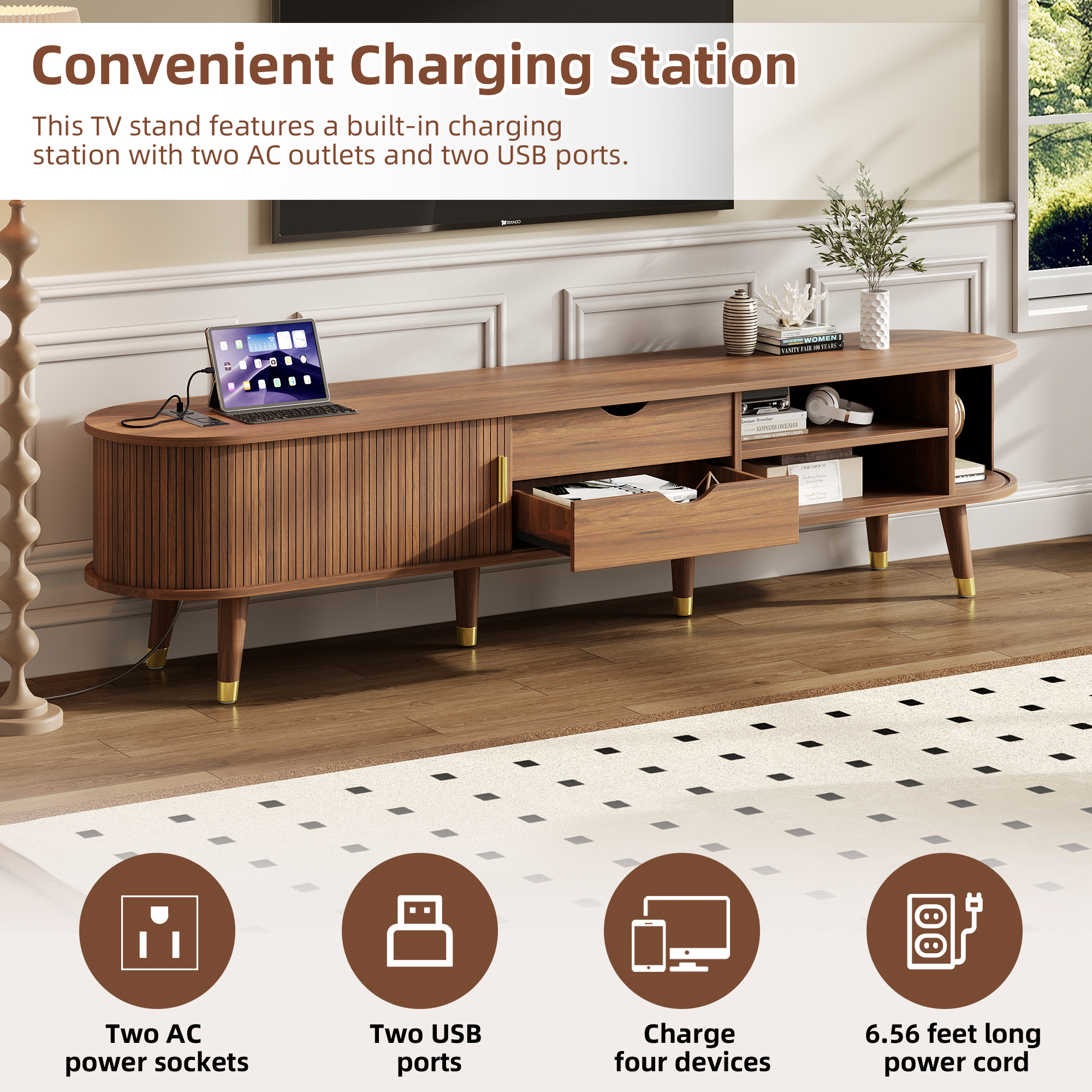 Wooden Oval Fluted TV Stand with Charging Station for TV up to 80', Mid-Century Media Console with Sliding Tambour Door, Farmhouse TV Cabinet with Golden Handle for Living Room, Walnut