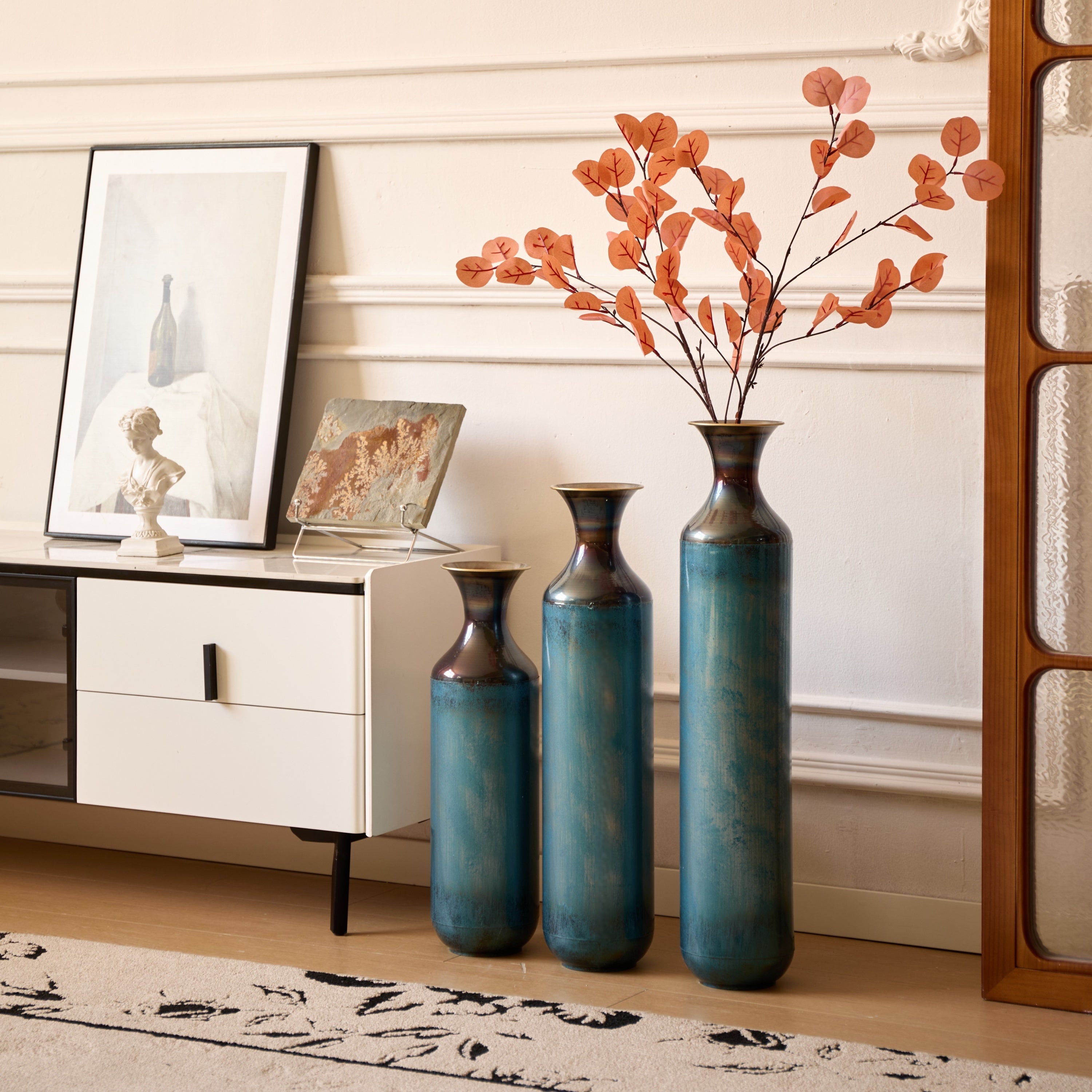Modern Droplet-Shaped Floor Vase Set – Aqua Blue Glazed Metal Decorative Vases – 3-Piece Home Decor in 20.4 In, 24.4 In & 28.34 In Heights