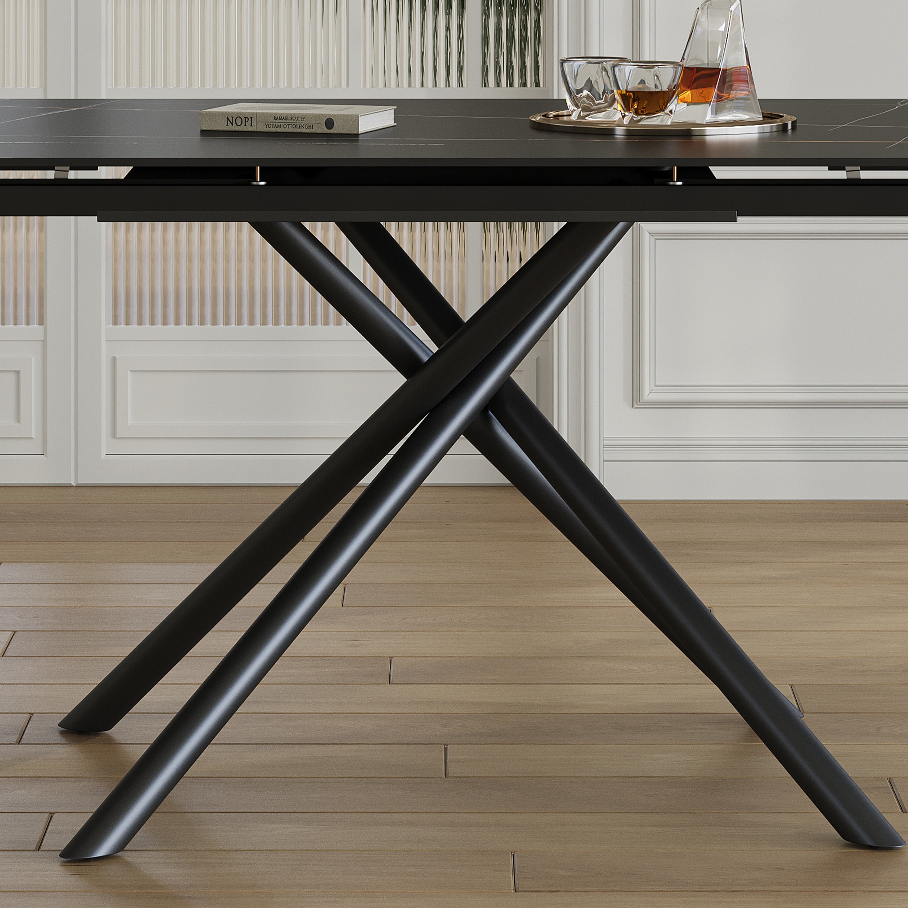 Modern Retractable Sintered Stone Dining Table with Black Carbon Steel Legs, 83 Inches for 6-8 Seats