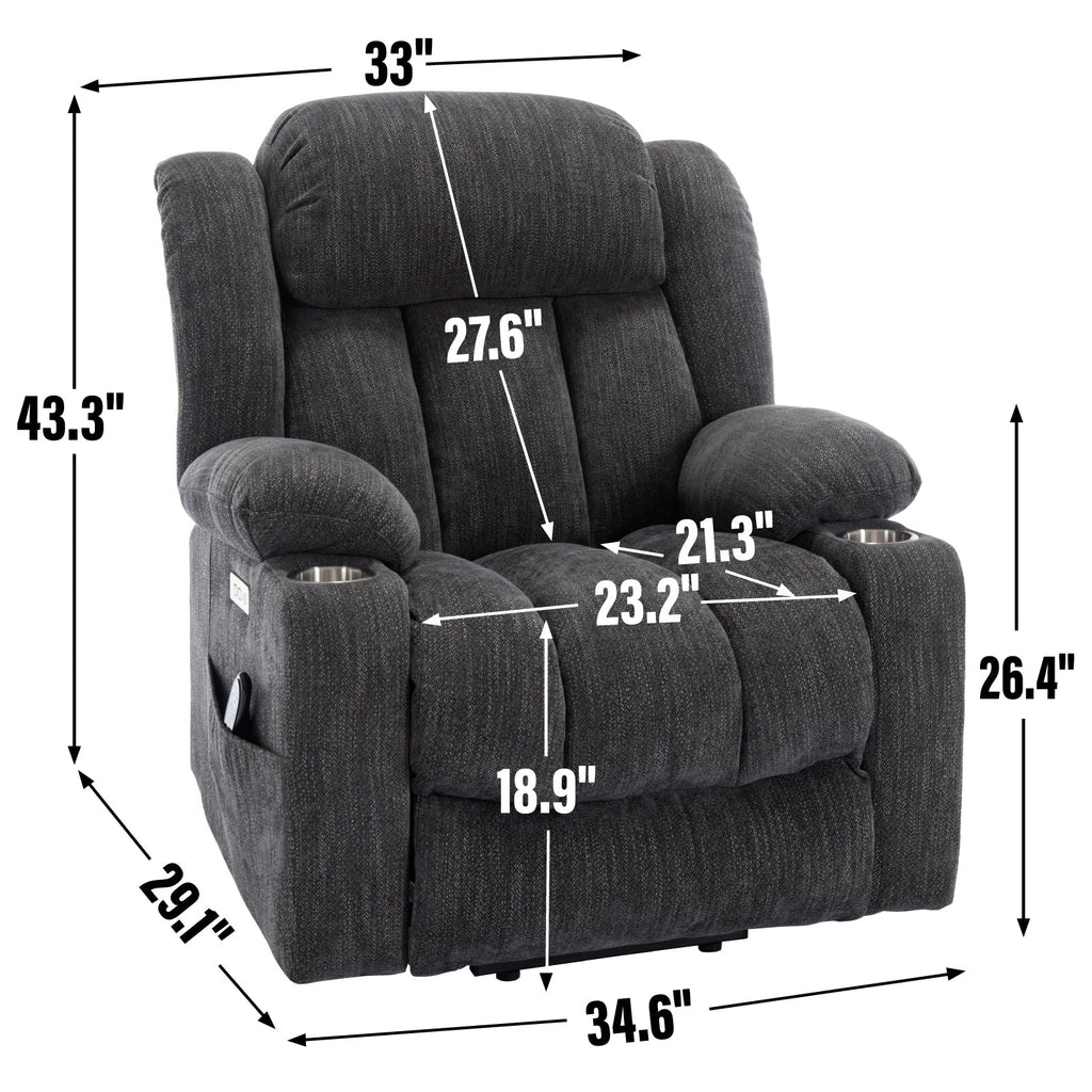 Up to 350 LBS Chenille Power Lift Recliner Chair, Heavy Duty Motion Mechanism with 8-Point Vibration Massage and Lumbar Heating, USB and Type-C Ports, Stainless Steel Cup Holders, Grey