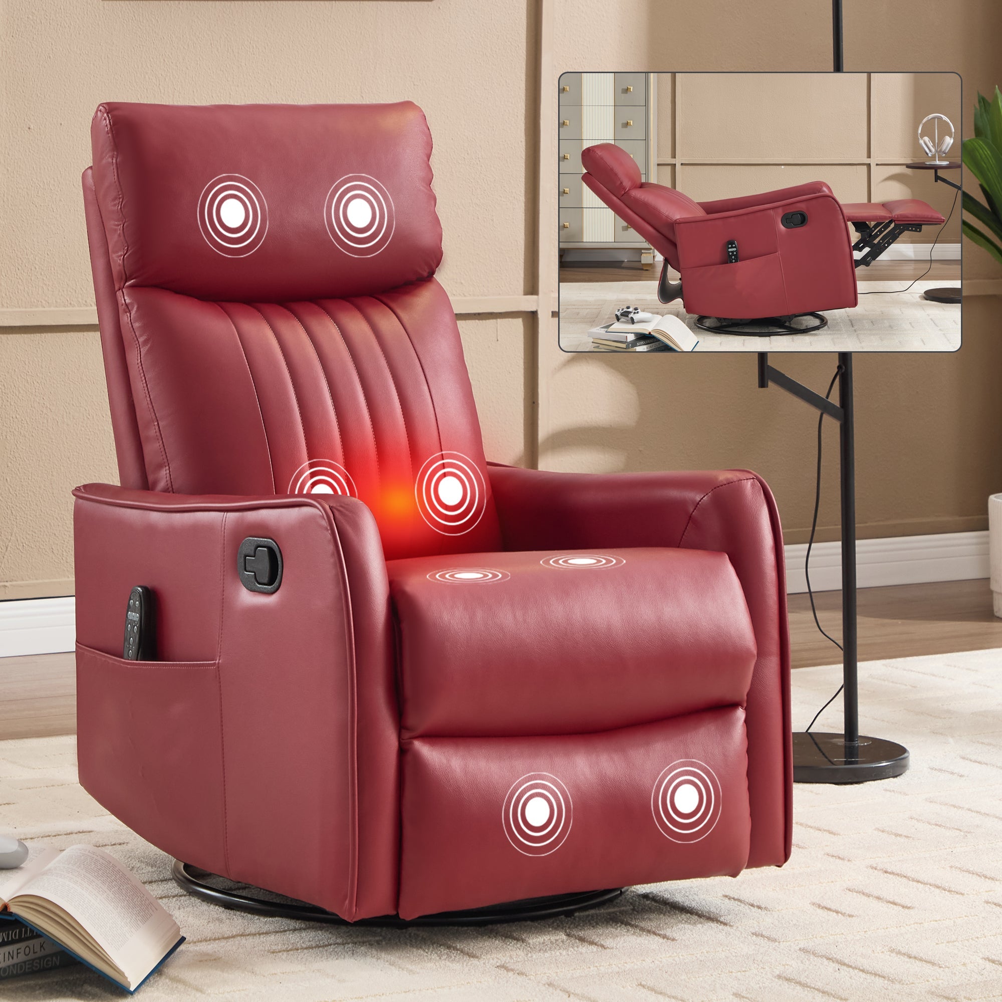Red Faux Leather Heat Massage Manual Recliner Chair with Rocker and Swivel for Living Room