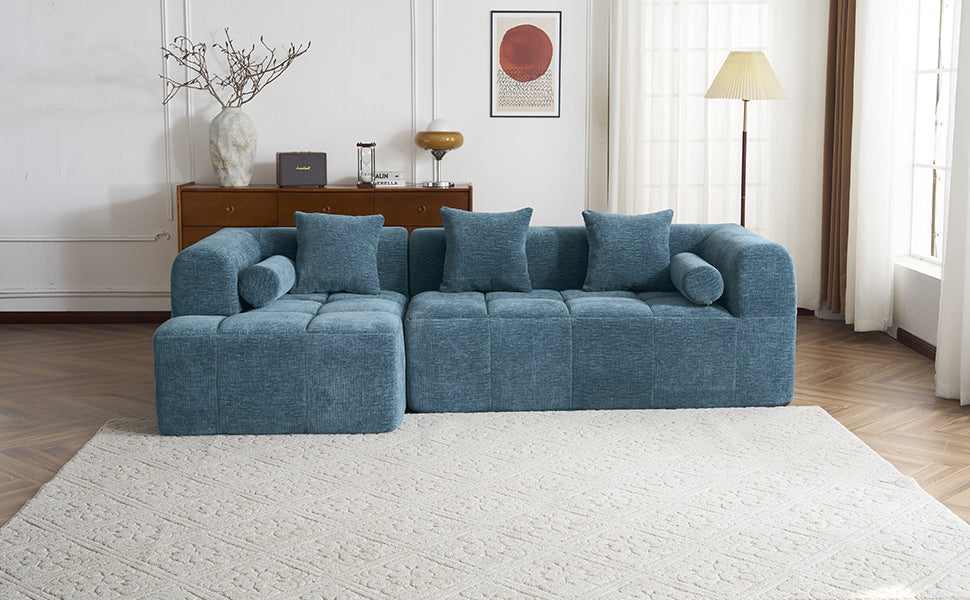 Modern Modular Sofa with Deep Seating, Two Side Pockets, and Plush Pillows in Blue Chenille Fabric, 101.2'