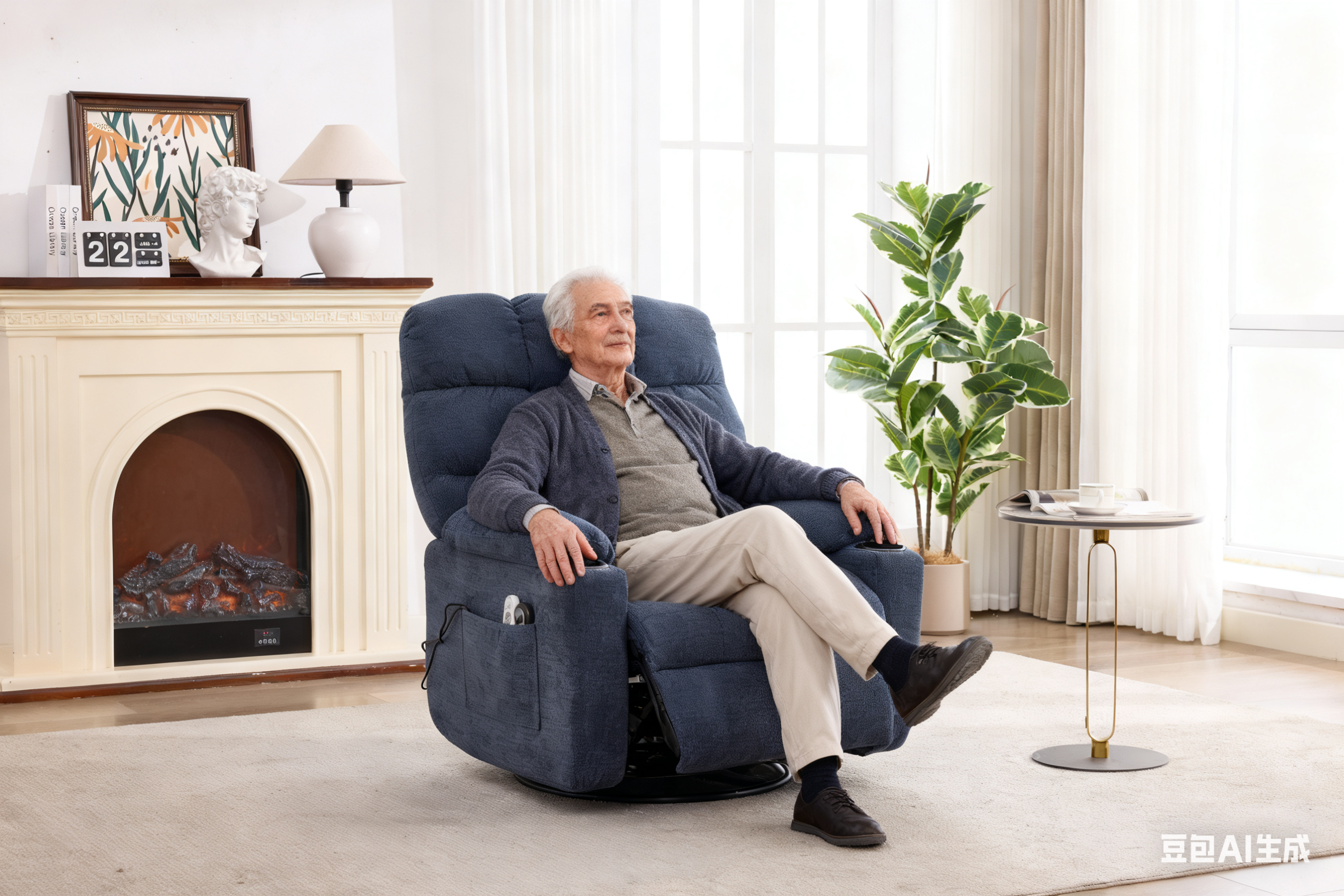 Heat Massage Manual Recliner Chair with Rocker and Swivel in Fabric for Living Room, Blue