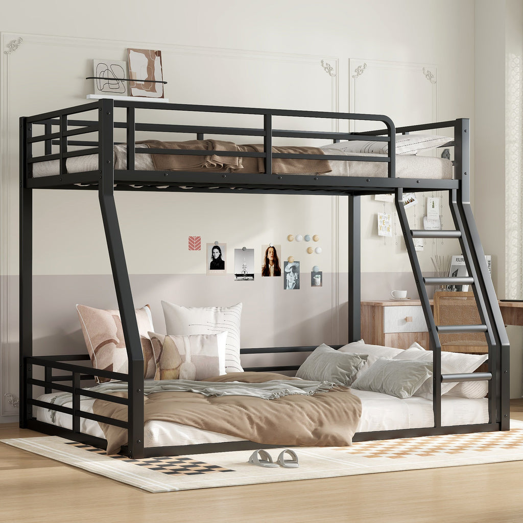 Metal Bunk Bed, Twin over Full Floor Bunk Bed Frame,Heavy-Duty Bunk Bed for Kids, Teens, Adults, Noise-reduced Design, Black