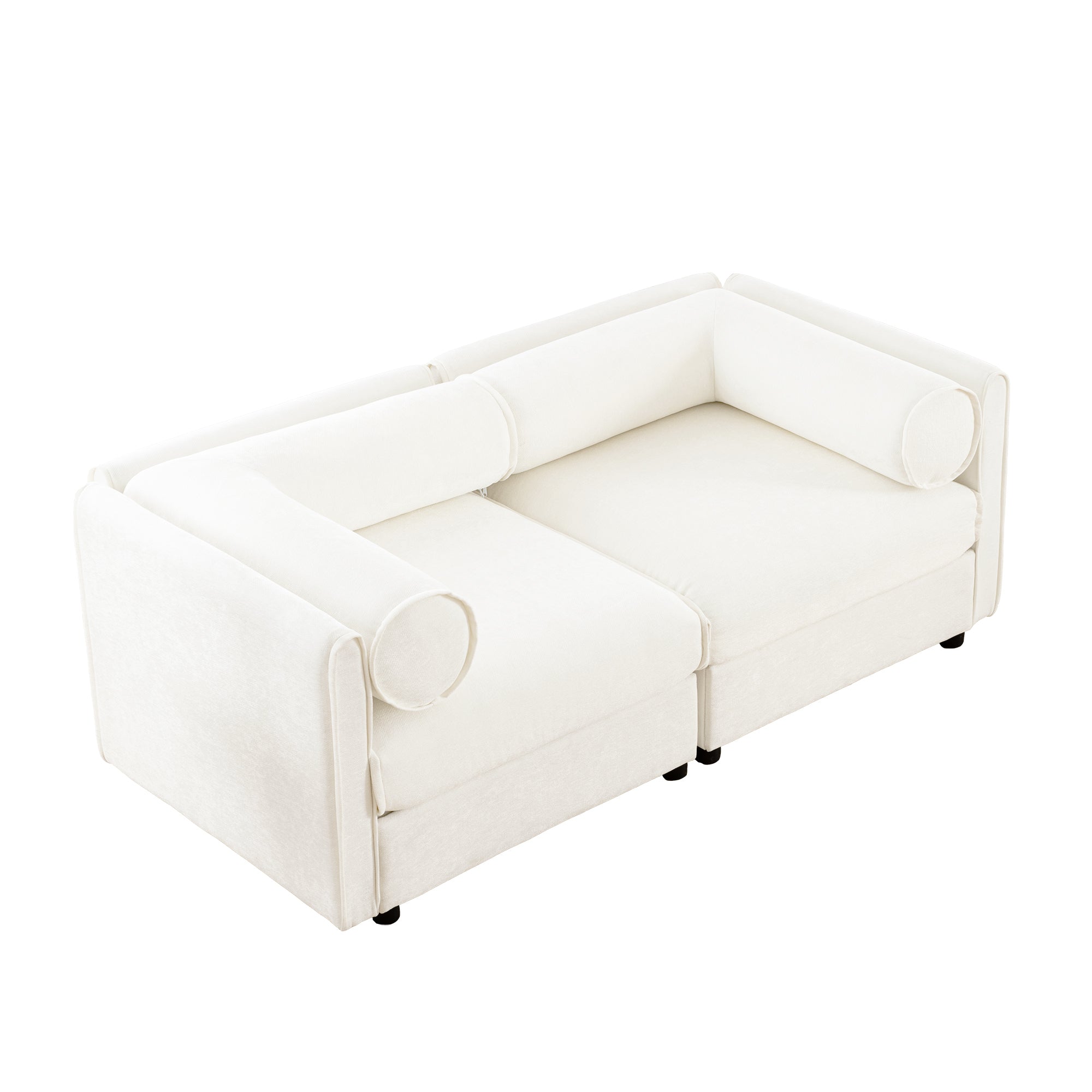 Stylish White Chenille 2-Seater Sofa with Storage Seat, Cylindrical Backrest and Armrests, Modern Fabric Loveseat Featuring Hidden Storage Space
