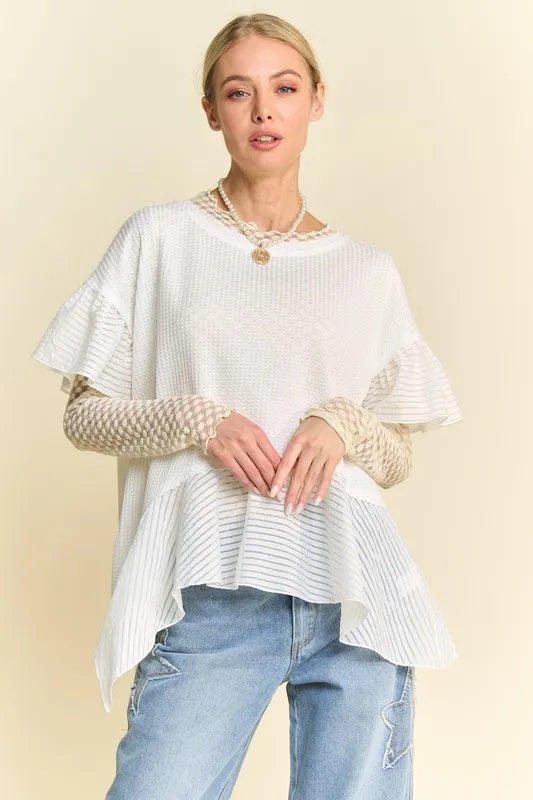 Davi & Dani Waffle Knit Bodice Ruffle Bottom Detail Top