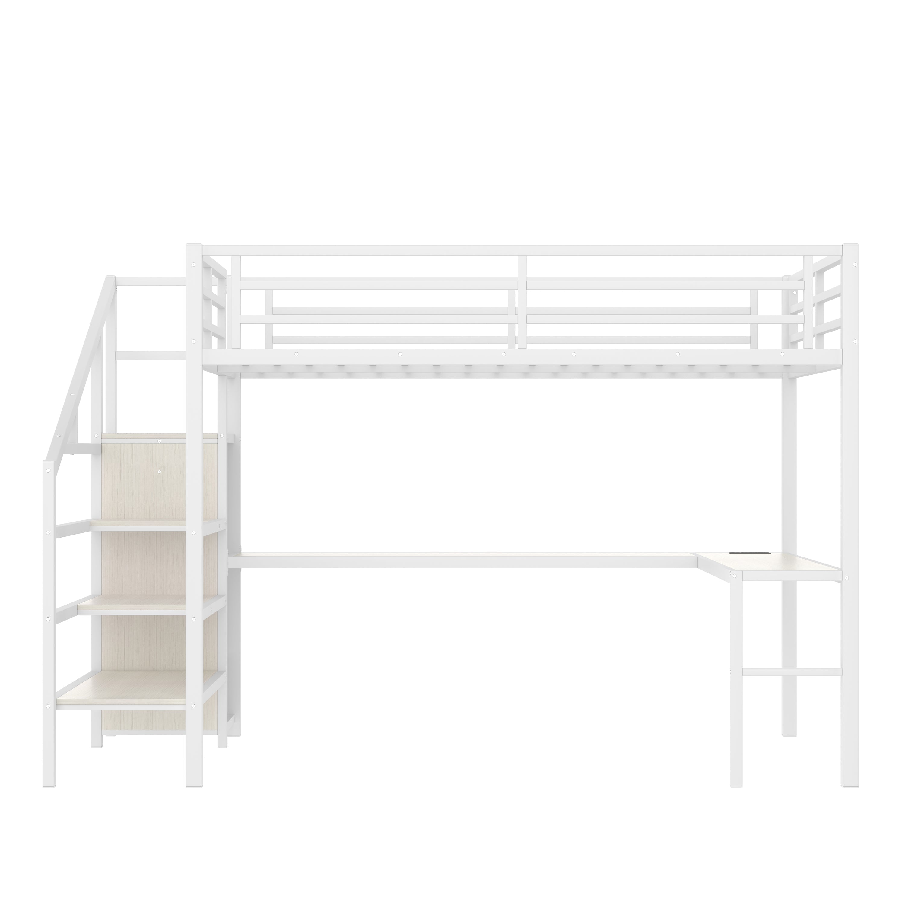 Queen Size Loft Bed with L-shaped Desk and USB, Metal Loft Bed with Wardrobe and Adjustable Shelf, High Loft Bed with LED for Kids Teens Adults, White Wood-grain