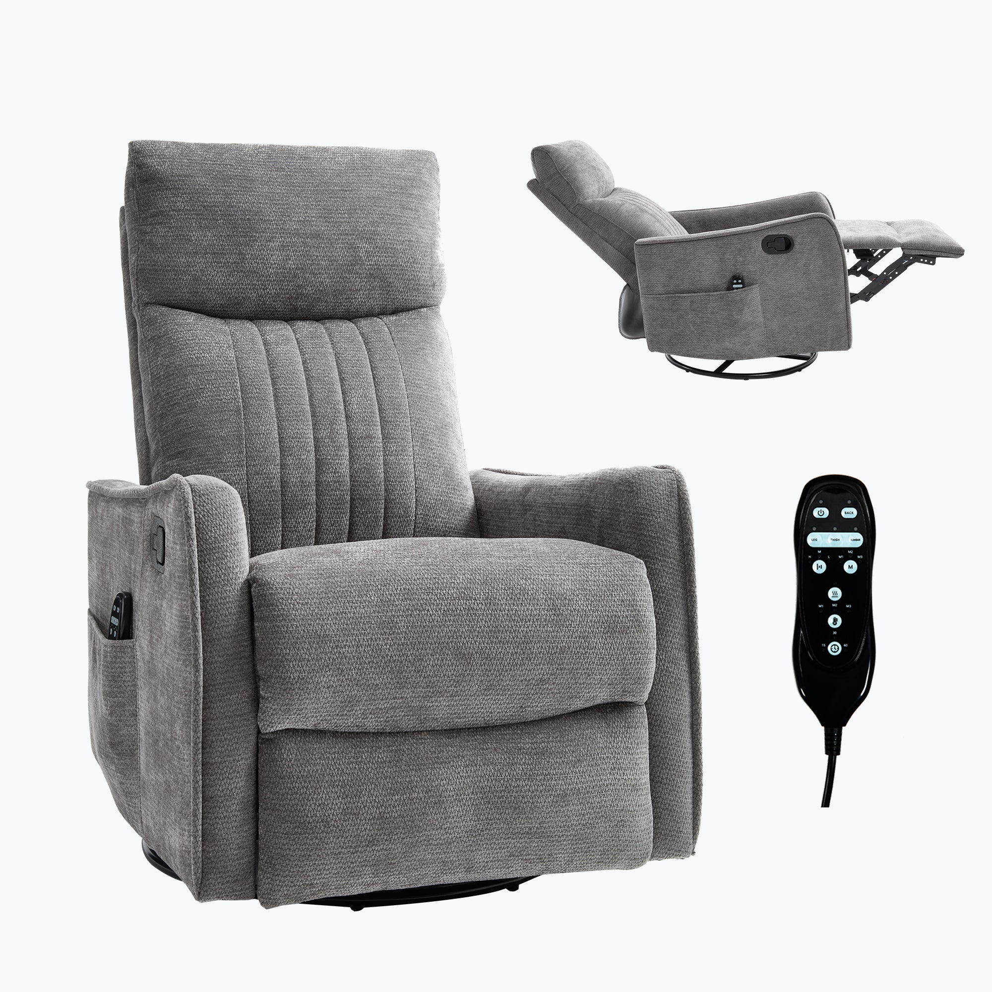 Dark Grey Heat Massage Manual Recliner Chair with Rocker and Swivel in Fabric for Living Room