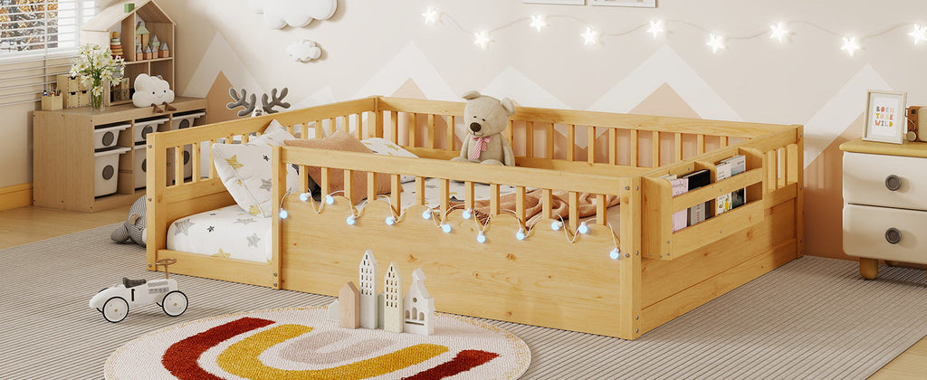 Full Montessori Floor Bed Frame with High Rails, Wood Kids Floor Beds with Light and Storage Shelf, Natural (Expect Arrival Date 2025/8/15)