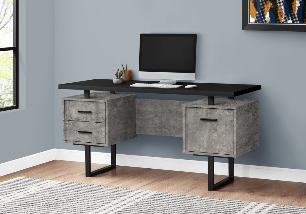 Computer Desk, Home Office, Laptop, Left, Right Set-up, Storage Drawers, 60'l, Work, Black And Grey Concrete Laminate, Black Metal, Contemporary, Modern