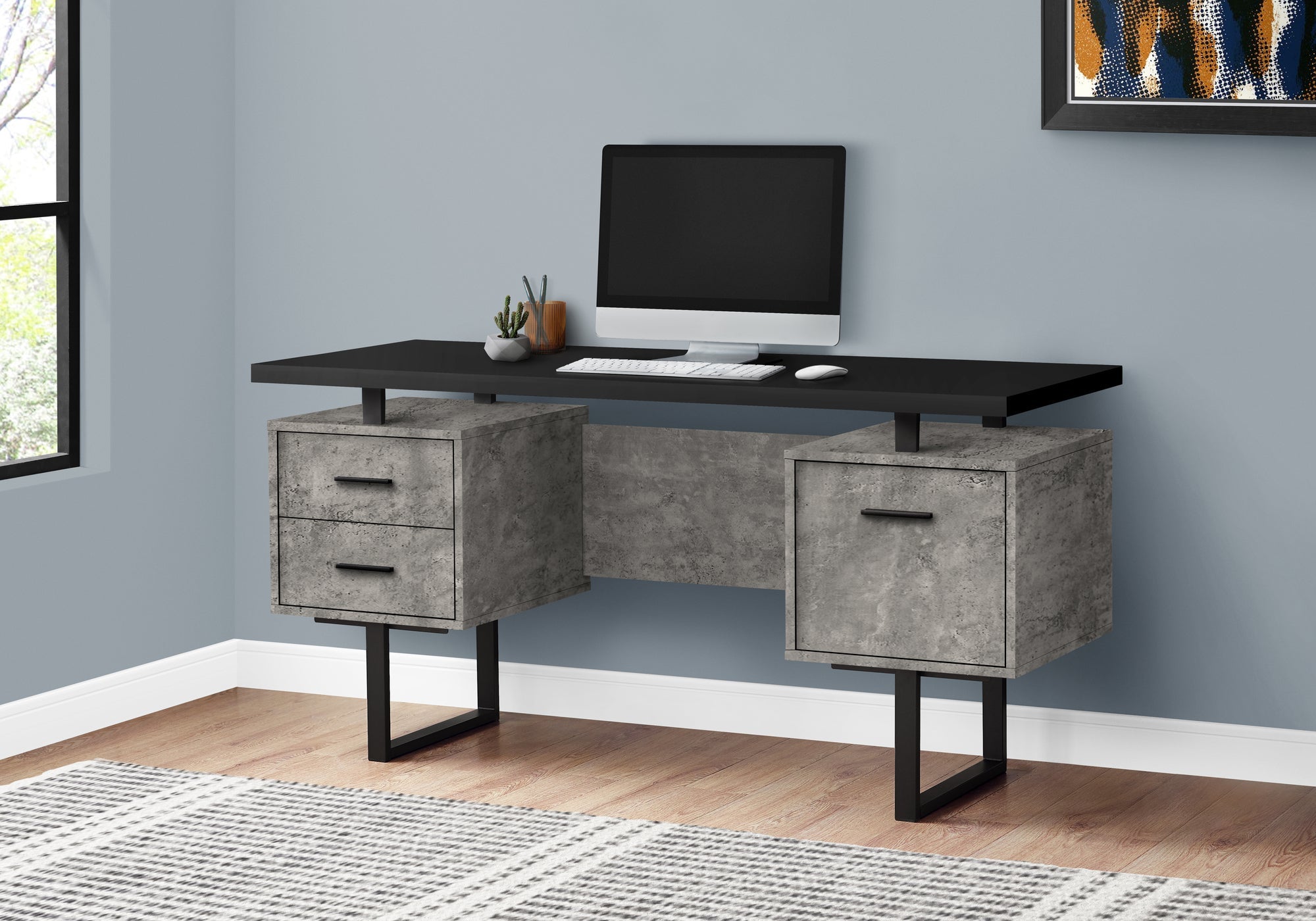 Computer Desk, Home Office, Laptop, Left, Right Set-up, Storage Drawers, 60'l, Work, Black And Grey Concrete Laminate, Black Metal, Contemporary, Modern