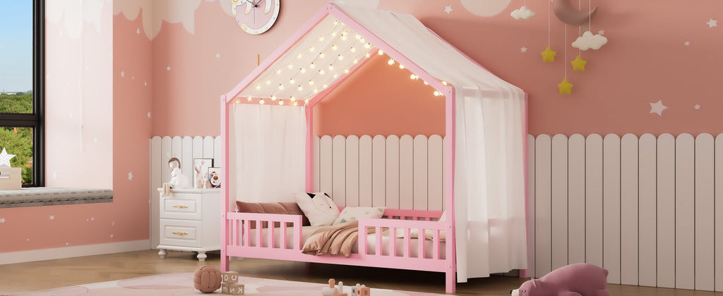 Montessori Floor Bed with Canopy, Twin Bed Frame for Kids, House Shape Kids Bed Frame with High Railings, Wood Kids Bed with Roof, Kid Twin Bed, Pink