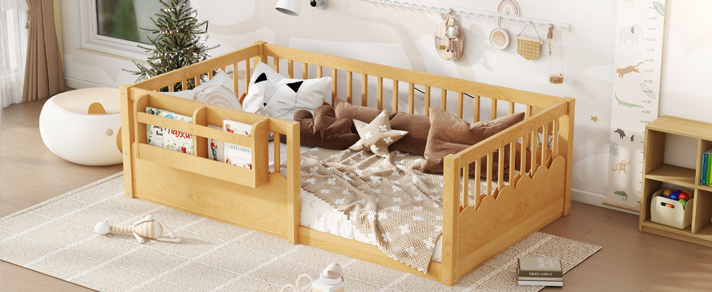 Twin Floor bed with Heightened Fence and bookshelf ,Wood Floor Bed for Kids, Natural.