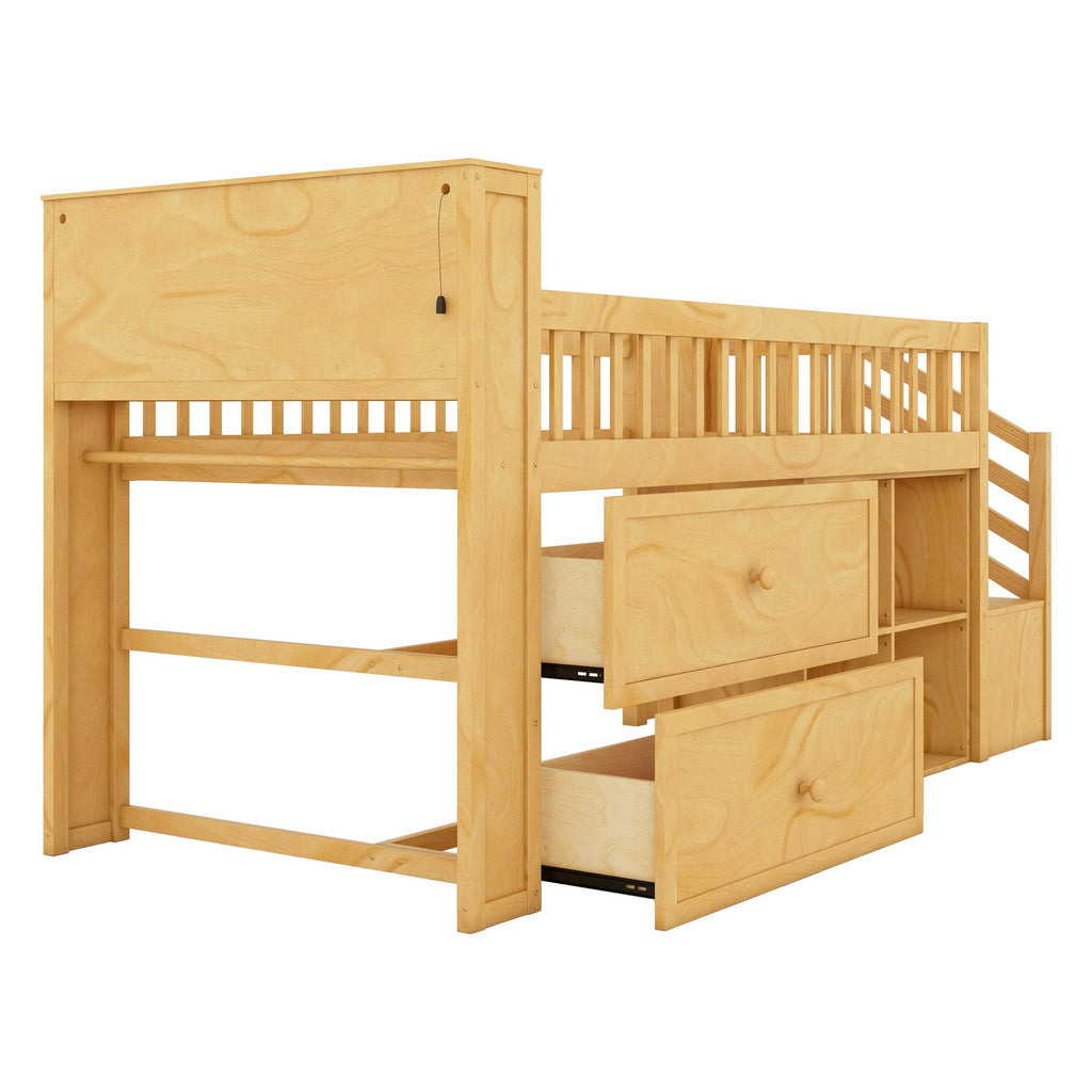 Twin Size Loft Bed with LED and Bookshelf, Wood Low Loft Bed with Stairs, Kids Twin Loft Bed with Storage Drawers and Shelves, Natural (Expect Arrival Date 2025/1/20)