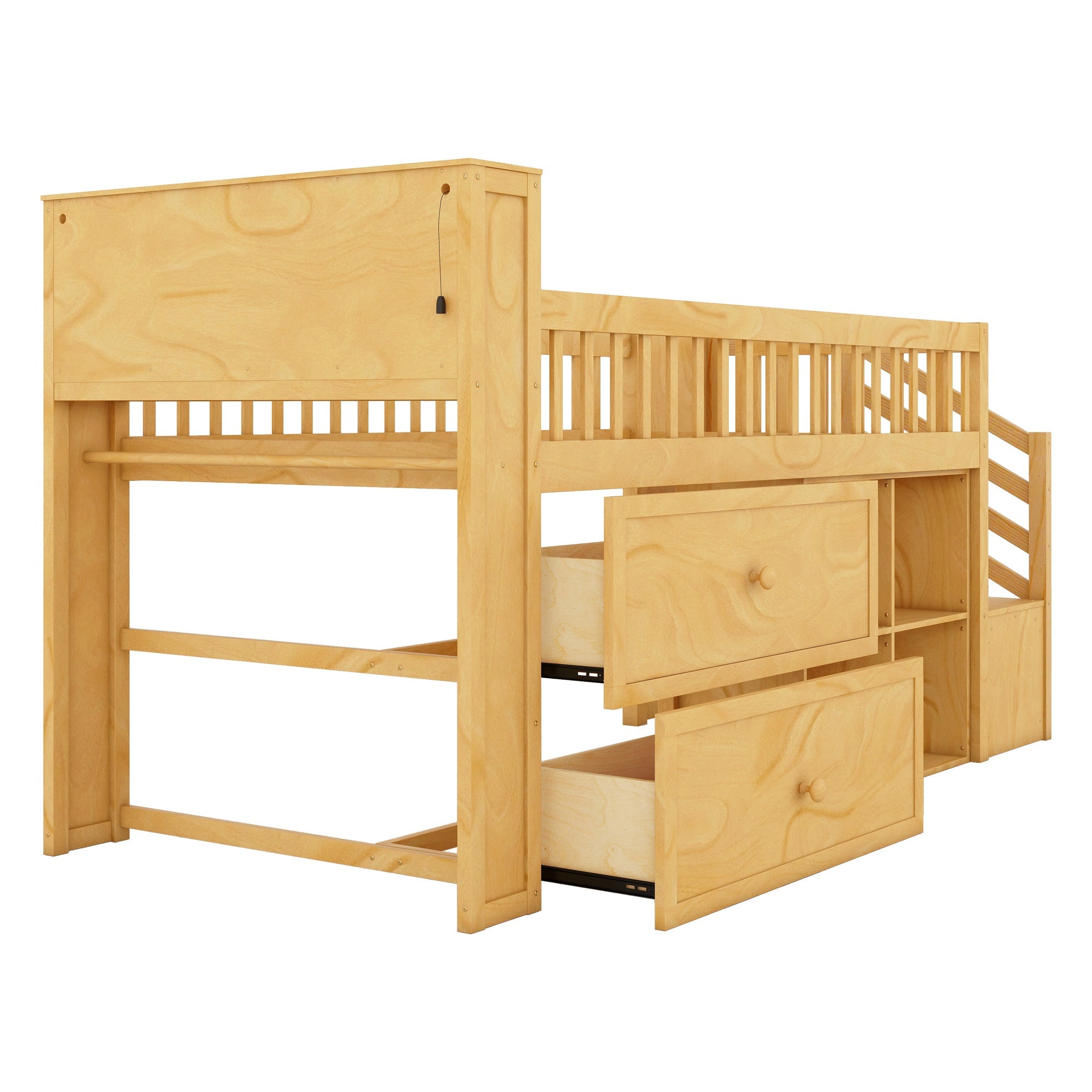 Twin Size Loft Bed with LED and Bookshelf, Wood Low Loft Bed with Stairs, Kids Twin Loft Bed with Storage Drawers and Shelves, Natural (Expect Arrival Date 2025/1/20)
