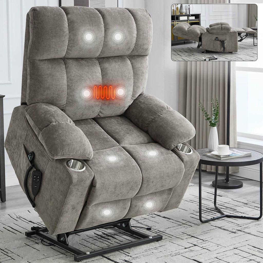 Brown Dual Motor Infinite Position Up to 350 LBS Chenille Power Lift Recliner Chair, Heavy Duty Motion Mechanism with 8-Point Vibration Massage and Lumbar Heating, Dual Cup Holders