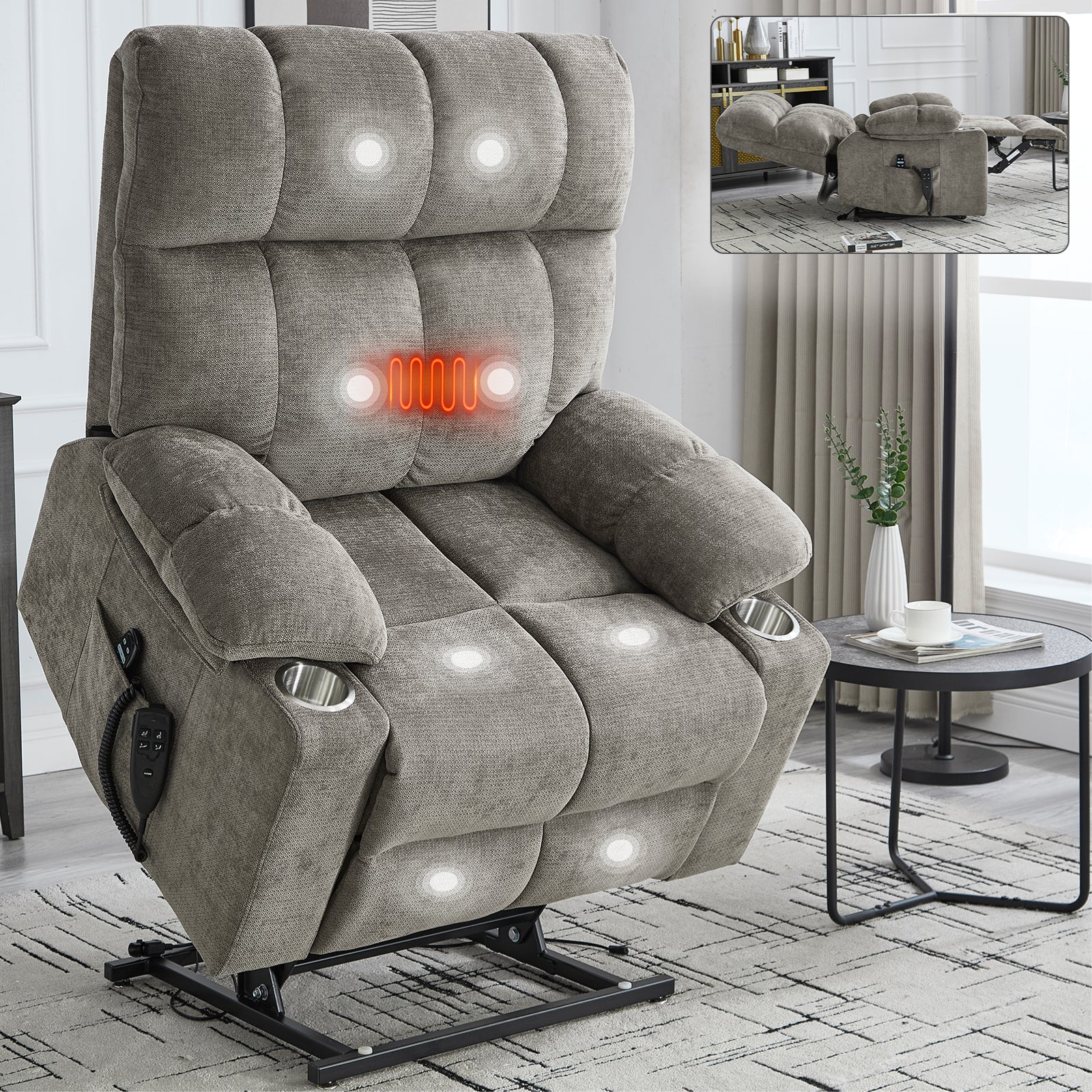 Brown Dual Motor Infinite Position Up to 350 LBS Chenille Power Lift Recliner Chair, Heavy Duty Motion Mechanism with 8-Point Vibration Massage and Lumbar Heating, Dual Cup Holders