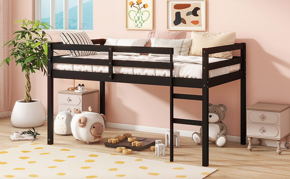Solid Wooden, Rubber Wooden Twin Loft Bed with Ladder, Bed Platform of Strengthened Slats , Black