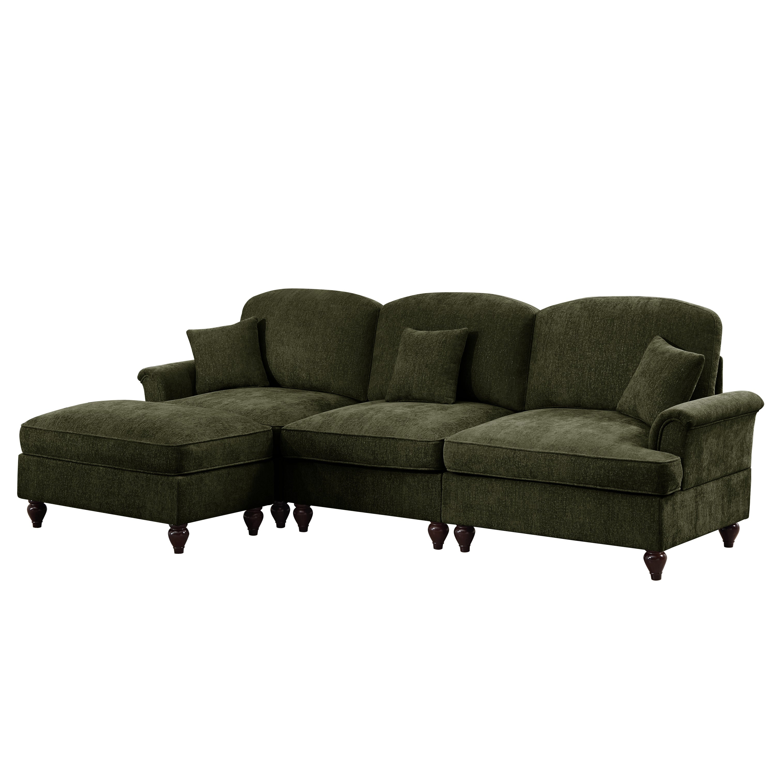 Mid Century Three Seater Modular L Shaped Sectional Couch with Flared Arms and Removable Ruffles Pleats Skirts and Spindle Legs, Comfy Chenille 3-Seat Deep Seat Sofa with Movable Ottoman,Green