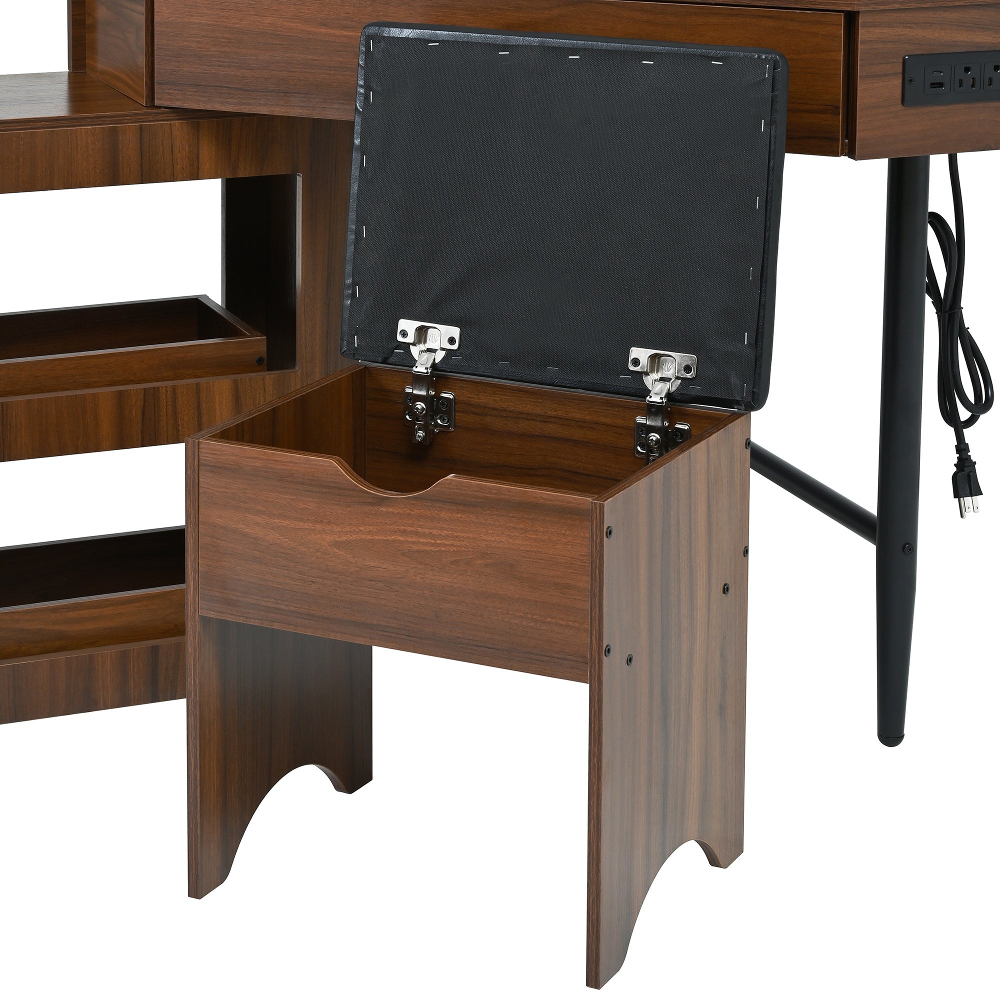 Corner Vanity Desk Set with Storage Cushioned Stool and Charging Station, Triangle Makeup Desk with Removable Pull-Out Side Cabinet, Glass Tabletop Makeup Vanity Desk with Drawer and Shelf, Walnut