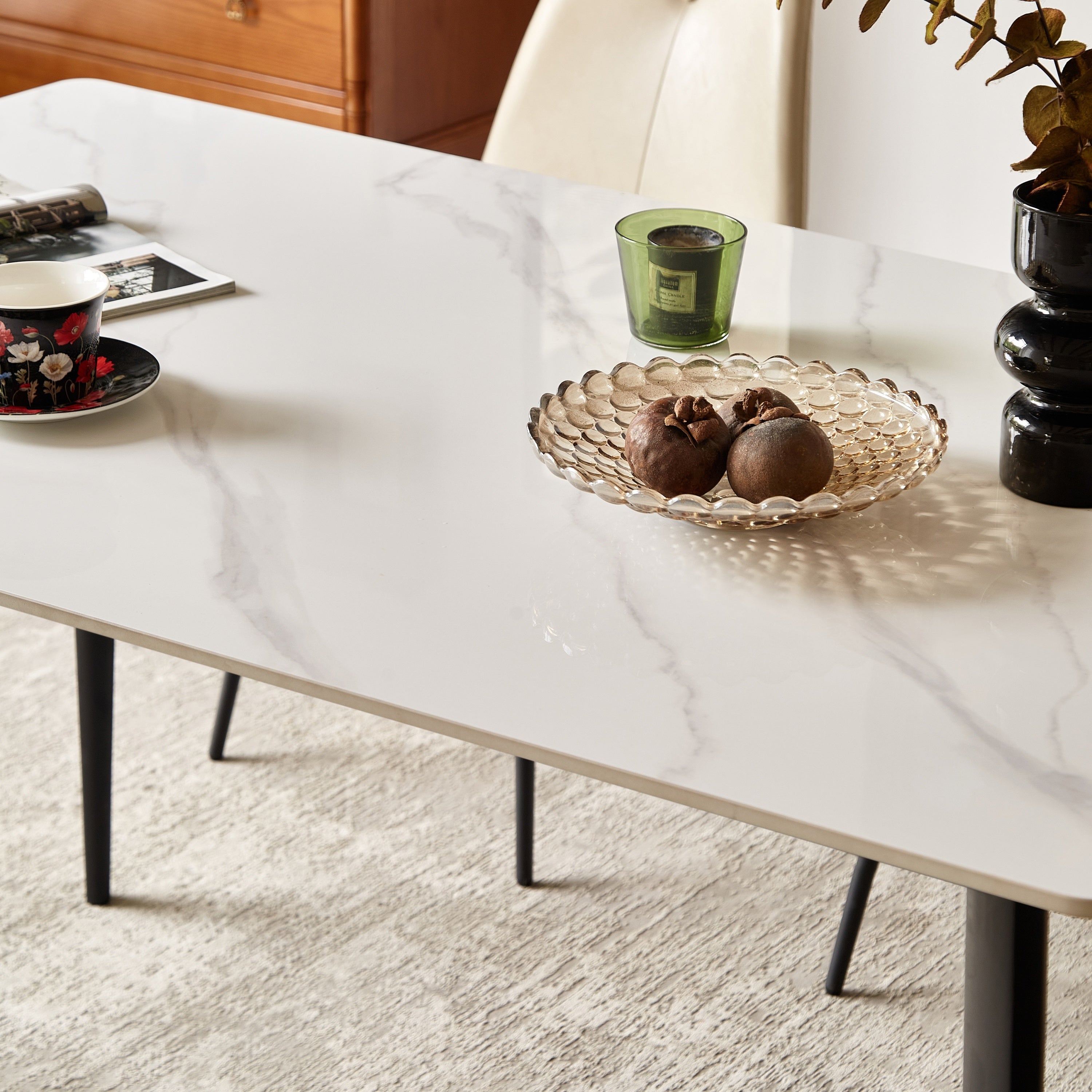 Mid Century Modern Dining Table 55 Inch Round White Sintered Stone Top Heavy Duty Metal Legs Waterproof Surface for Kitchen Dining Room or Office Furniture