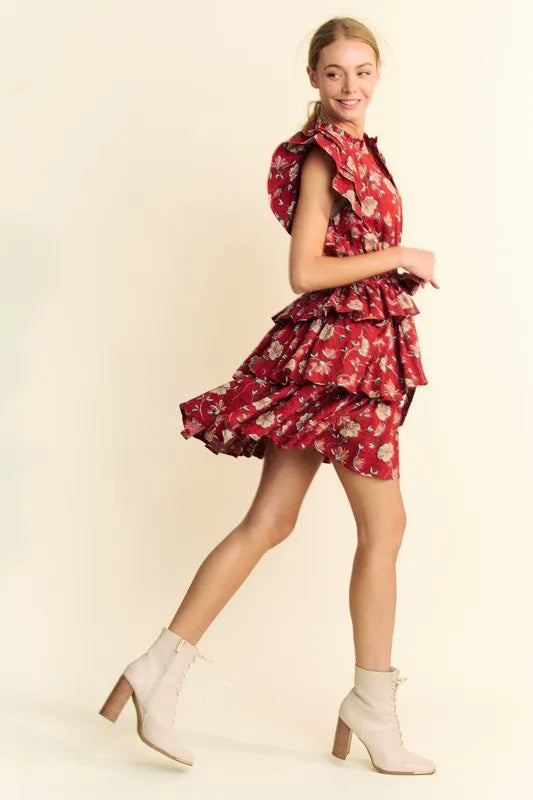 Davi & Dani Ruffle Flutter Sleeve Tie Belt Tiered Mini Dress
