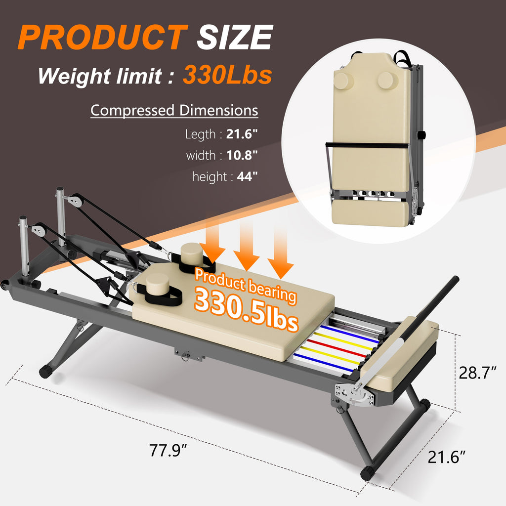 Pilates Reformer Machine for Home Gym Workout, Foldable Pilates Equipment with High Strength Alloy Springs for Beginners, Up to 330lbs,Beige