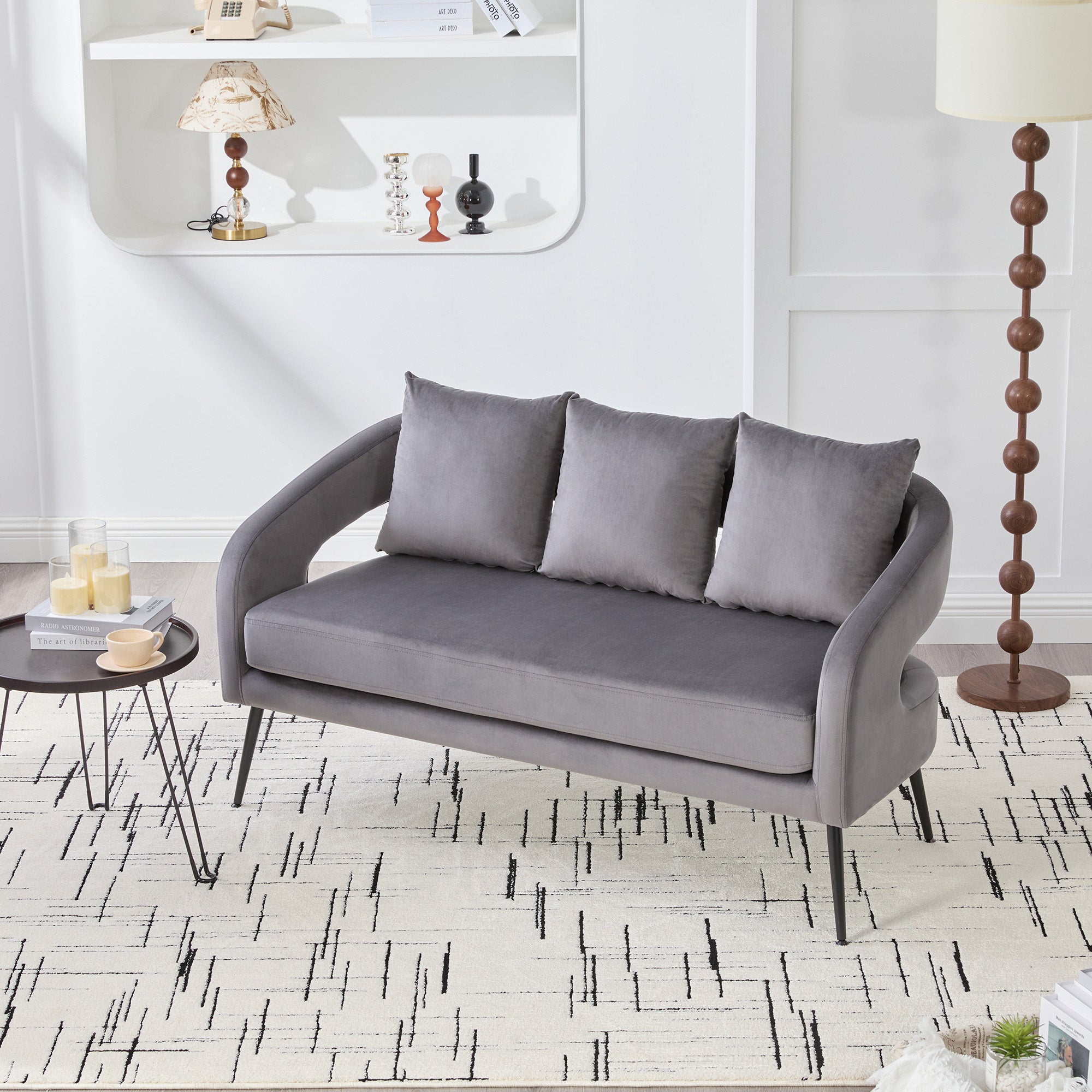 Mid Century Modern Velvet 3-Piece Living Room Set with Metal Legs in Charcoal, Loveseat & 2 Accent Chairs, Upholstered in Soft Velvet, Solid Wood Frame, Round Arms, Black Metal Legs